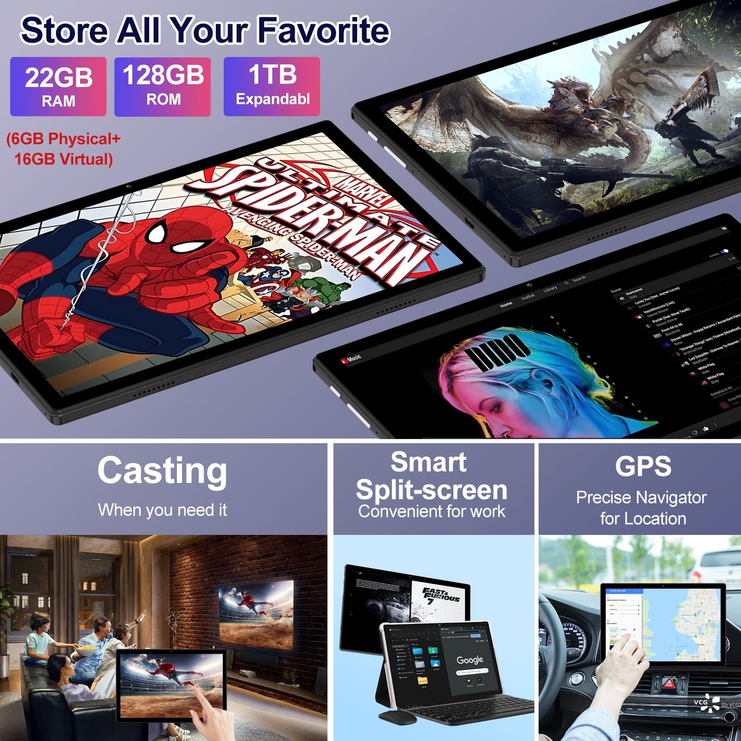 2025 Android 14 Tablet 22GB RAM 128GB ROM 1TB Expand, 10.1 inch 8000mAh Octa-Core Tablet with Keyboard & Mouse, HD IPS Display, 5G Wi-Fi, Bluetooth 5.0, GPS, Widevine L1, Split Screen (Black)