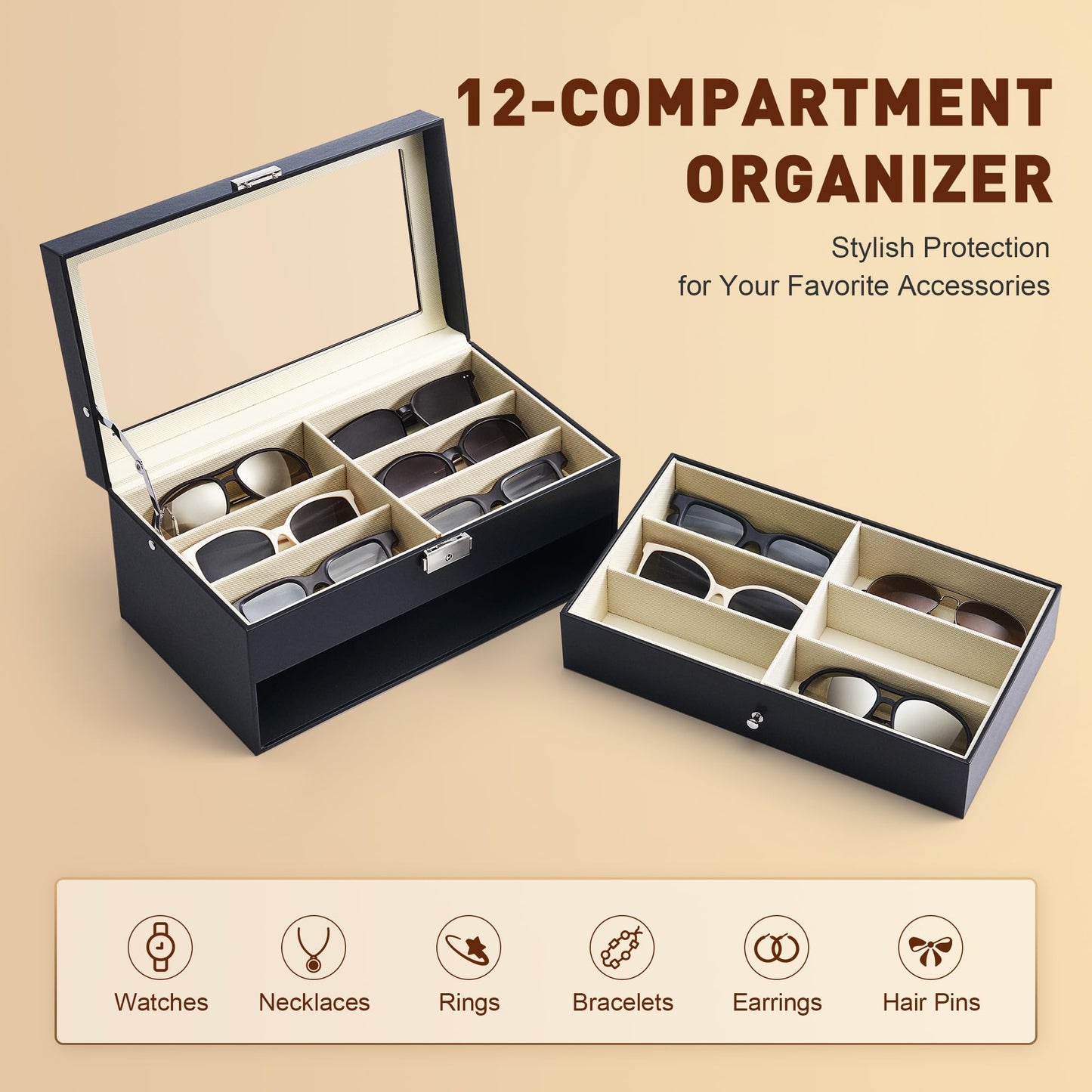 CO-Z Leather Multi Sunglasses Organizer Box for Women Men, Eyeglasses Eyewear Display Case, Sunglass Glasses Storage Box (12 Slot)