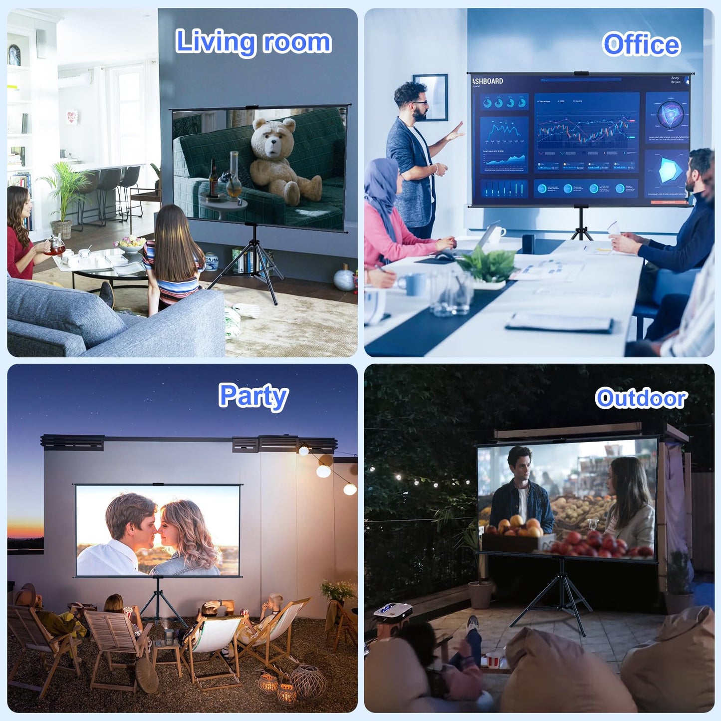 Projector Screen with Stand 100 inch,Indoor Outdoor Projection Screen with Black Backing,16:9 HD Premium Wrinkle-Free Tripod Screen for Projector with Storage Bag