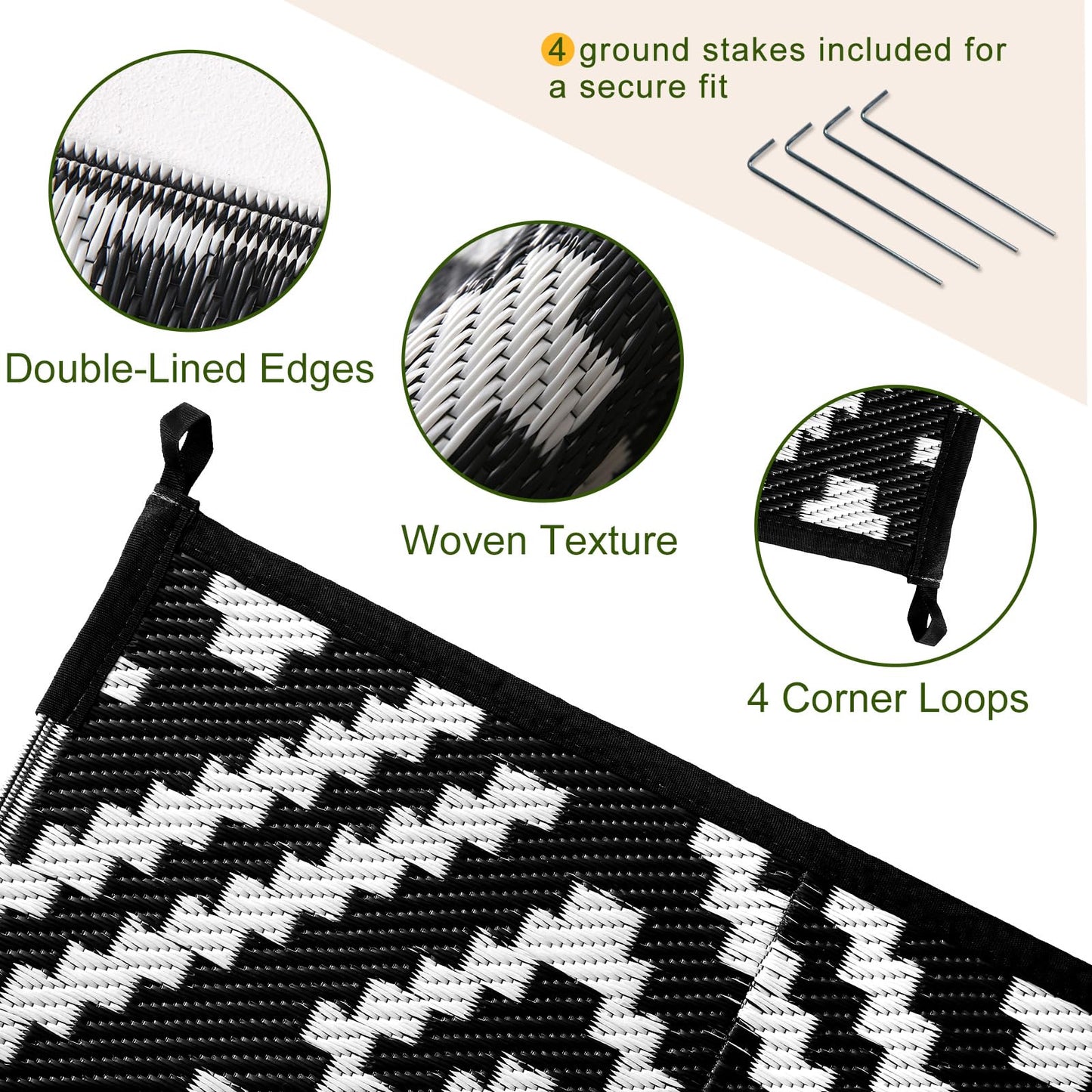OPPODREAM Outdoor Rug 5x7 Ft, Waterproof Outdoor Plastic Straw Rug for Patio, Reversible Out Door Carpet for Camping, Deck, Rv, 5 x 7 Area Carpet Balcony, Porch, Backyard, Black and White