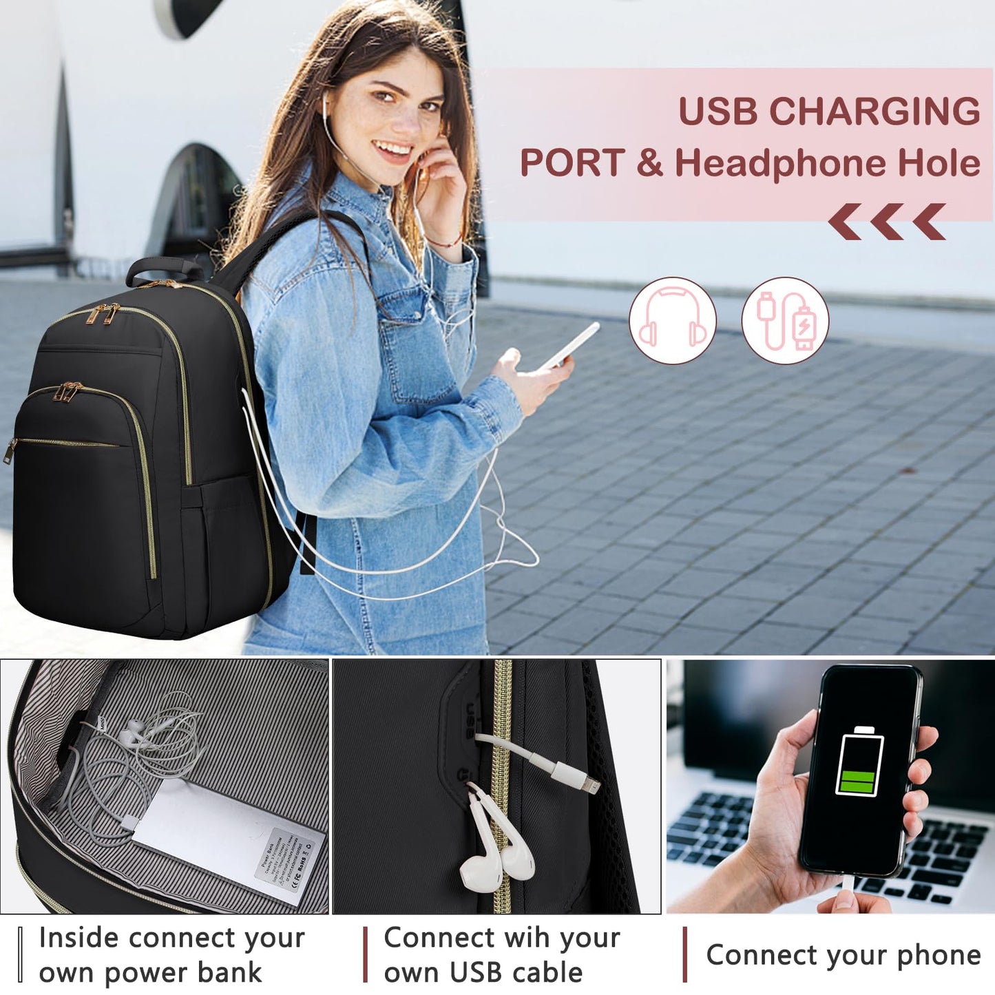 Laptop Backpack for Women 15.6 Inch Travel Backpack With USB Port, Lightweight School Backpack Waterproof Computer Bag for School Work Travel, Black