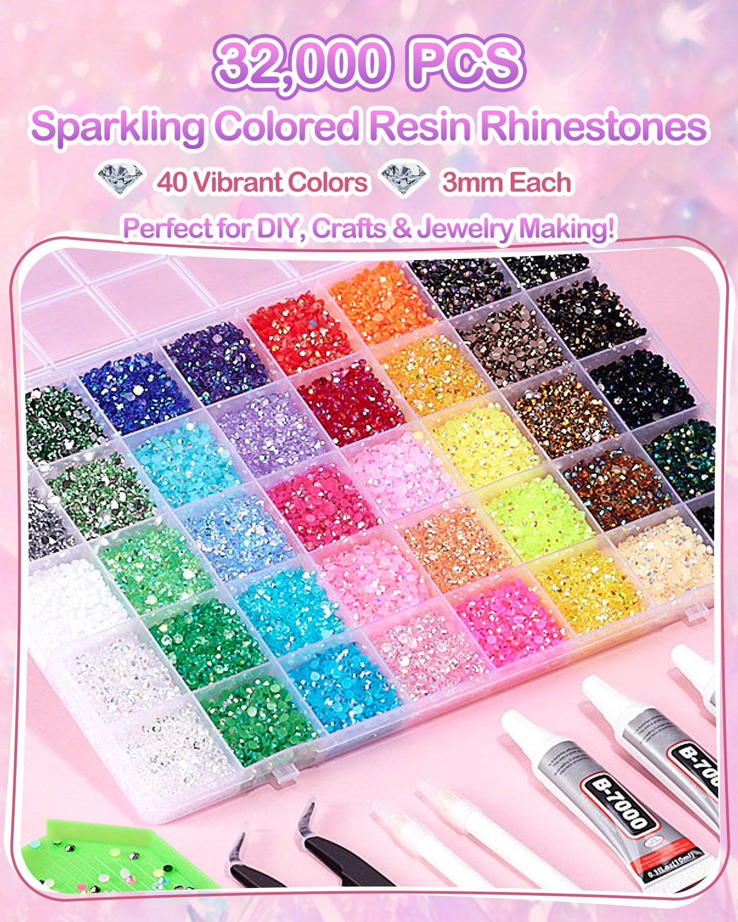62,000pcs/64-Cells Bedazzling Kit, with 32,000pcs 3mm Nail Rhinestones in 40Colors for Bedazzling & 30,000pcs Clear Flatback Nail gems,6 Bottles B7000 Jewelry Glue, 2 Tweezers & 2 Dotting Pens