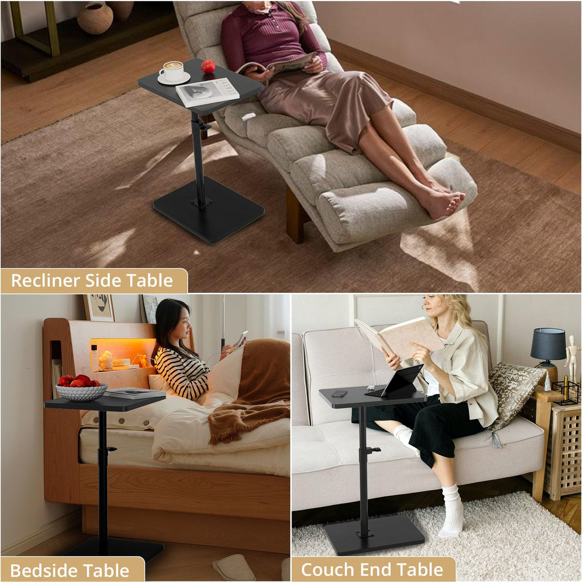 C Shaped End Table Adjustable Height, 360°Swivel TV Tray Table for Small Spaces, Couch Tables That Slide Under, Snack Side Table for Sofa, Bed, Chair, TV Table for Eating, Dinner or Laptop, Black