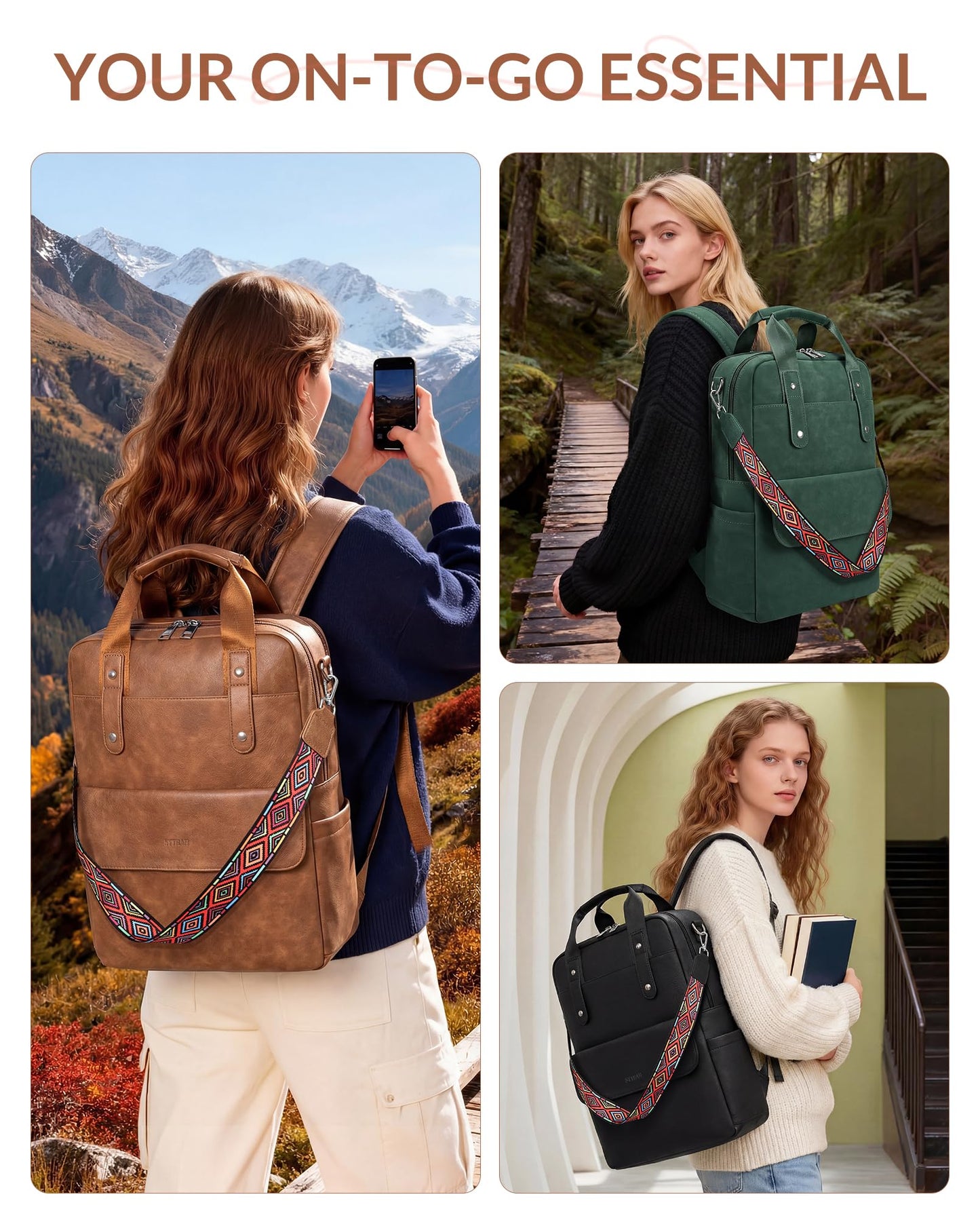SYTRAH Leather Laptop Backpack 15.6 Inch Womens Laptop Bag, 3 IN 1 Computer Bag Handbag with Colorful Shoulder Bag Strap for Work Travel College Green