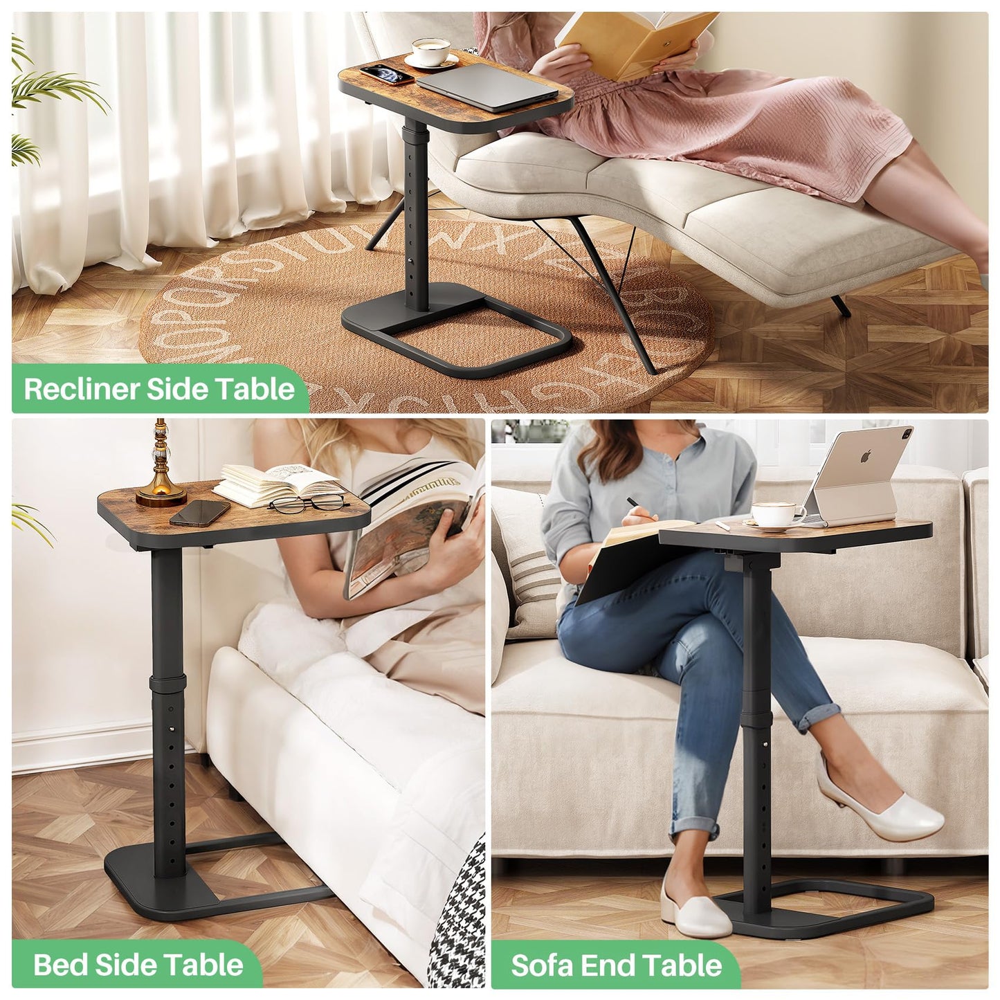 Kitstorack TV Tray Table, Adjustable Height & 90° Flip-Over Panel Design, Sofa Arm End Side Table for Eating Laptop Couch Bed Dinner or Small Spaces (Rustic Brown,Black)