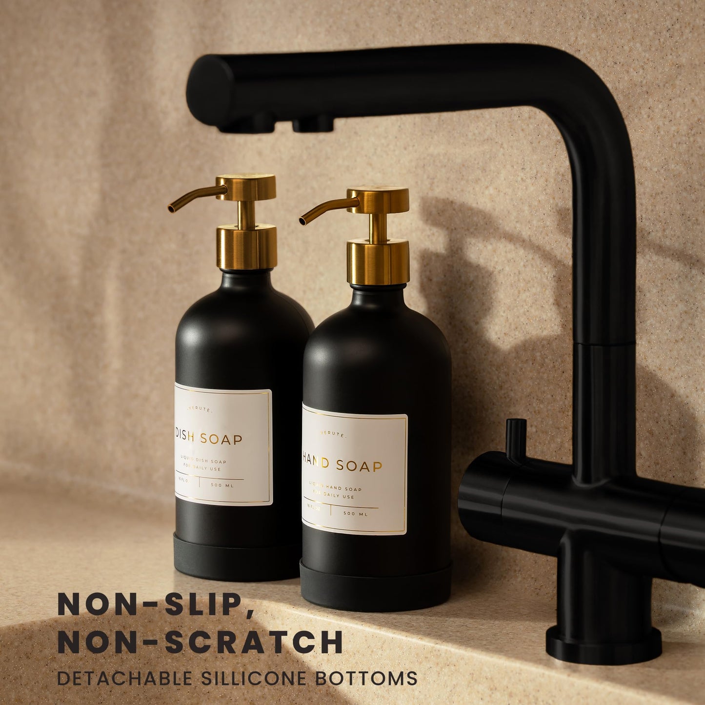 Verute 500ml Glass Soap Dispenser with Stainless Steel Pump, 21 Waterproof Labels, Non-Slip Protective Silicone Pad, Set of 2 for Bathroom & Kitchen (Matte Black Bottle/Brushed Gold Pump)