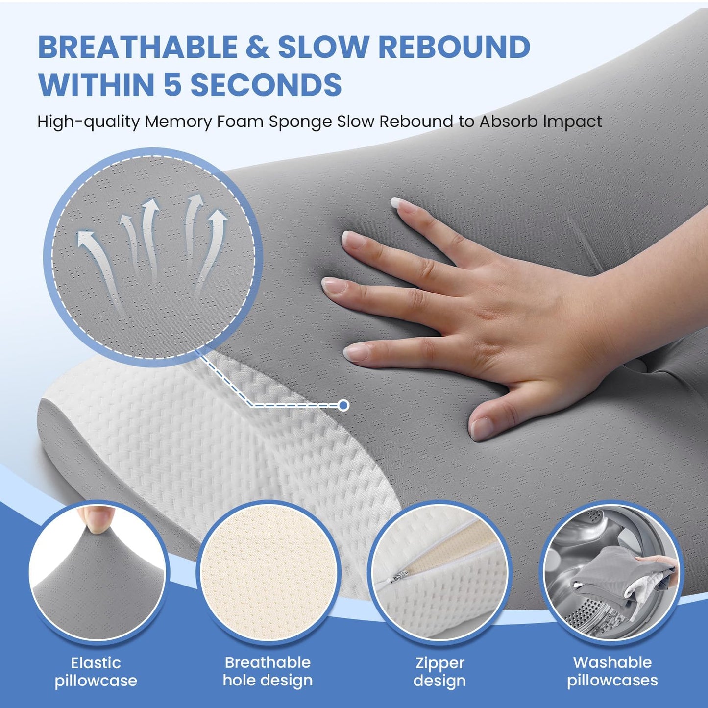 JINXIA Cervical Neck Pillow for Sleeping, Odorless Memory Foam Pillows & Soft Silk Cover, Ergonomic Orthopedic Pillow for Side Back Stomach Sleepers, Neck and Shoulder Pain Relief, Gray