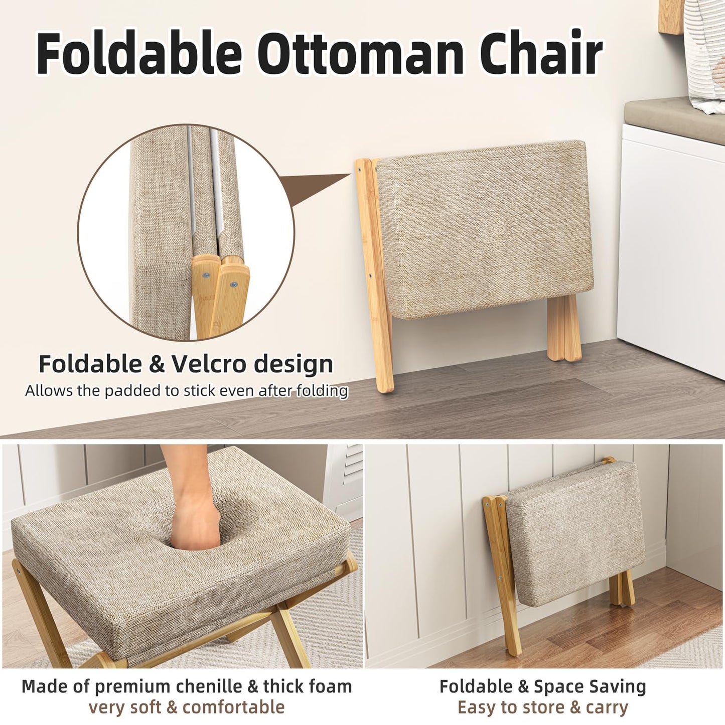 BAMBOOHOMIE Foldable Foot Stool Ottoman, Modern Foot Rest with Bamboo X Legs & Thick Foam Cushion, Folding Foot Stools Small Padded for Bedroom Living Room, Makeup Vanity Stool Chair (Natural - Brown)