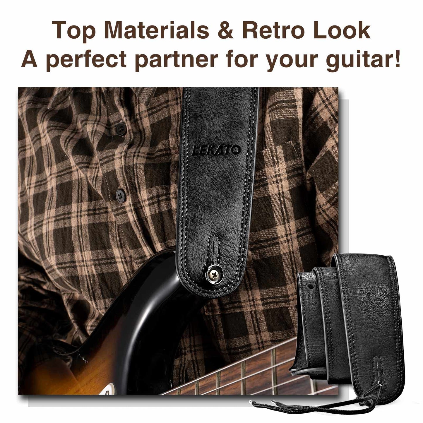 LEKATO 2.5" Wide Padded Leather Guitar Strap, Adjustable Length 41" to 51", Black