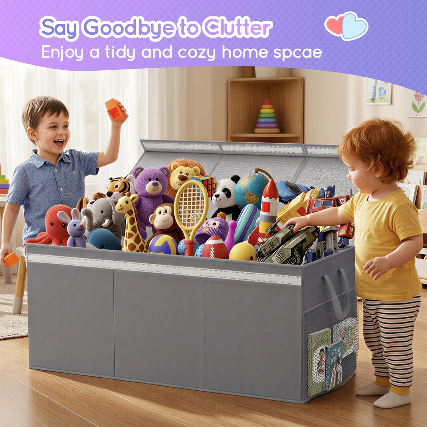 Lewondr Extra Large Toy Chest Storage Bin with Lids, Collapsible Sturdy Toy Chest Storage Box for Boys, Girls, 3 Removable Dividers for Living Room, Playroom, Nursery, Bedroom, 40"*16"*16", Grey