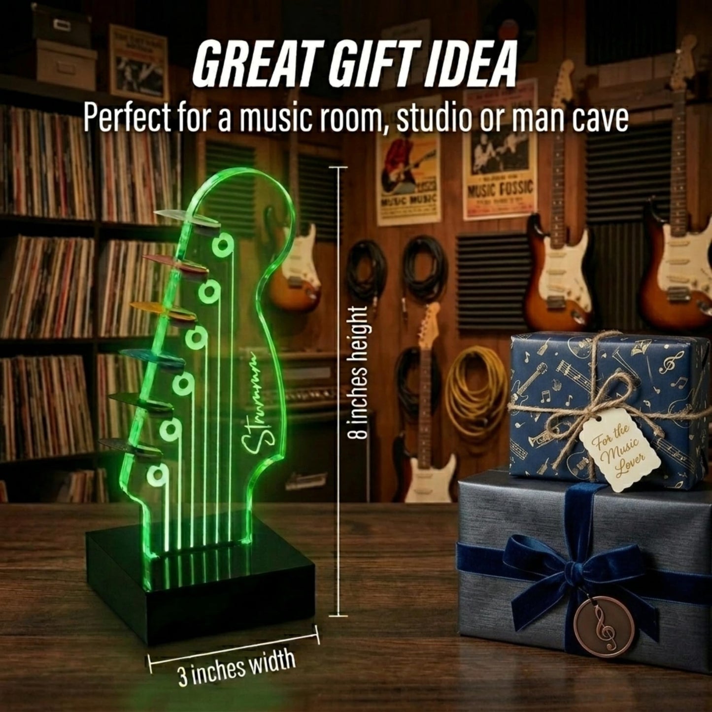 Strummm Color Changing Light Up Guitar Pick Holder – Authentic Electric Guitar Headstock Design Lamp with 7 Colors, USB Powered, Holds 6 Picks, Perfect Guitar Gift for Men, Musicians & Guitarists