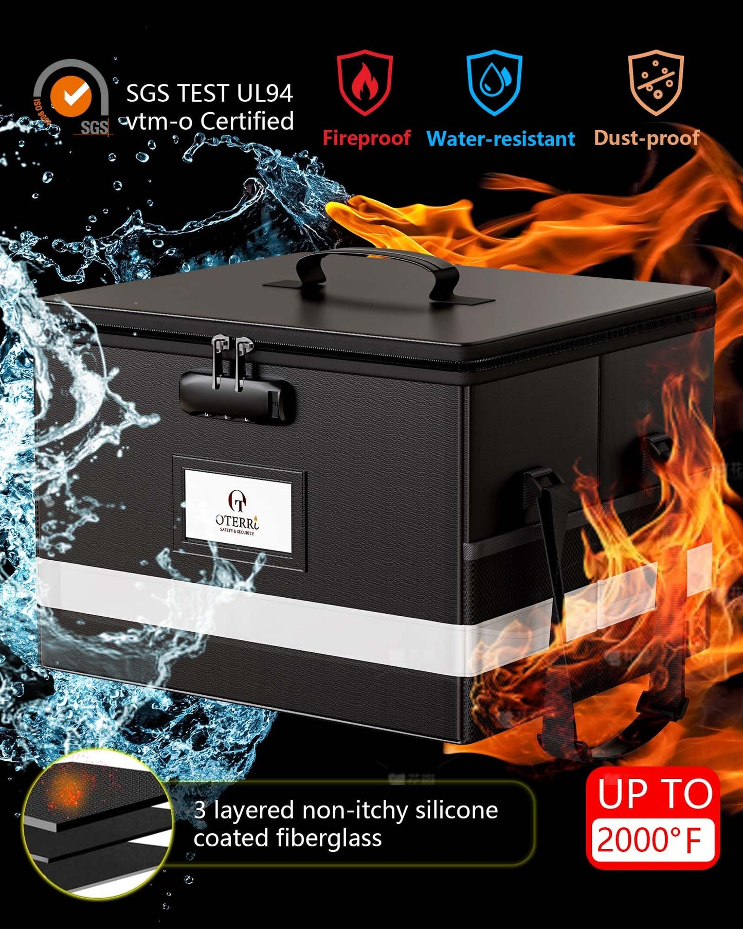Oterri Fireproof Document Box with Lock, Letter File Box, Portable Fire Safe Box with Handle, Waterproof Important Document Organizer Storage Safe Box for Home Travel Office (Large-Black)