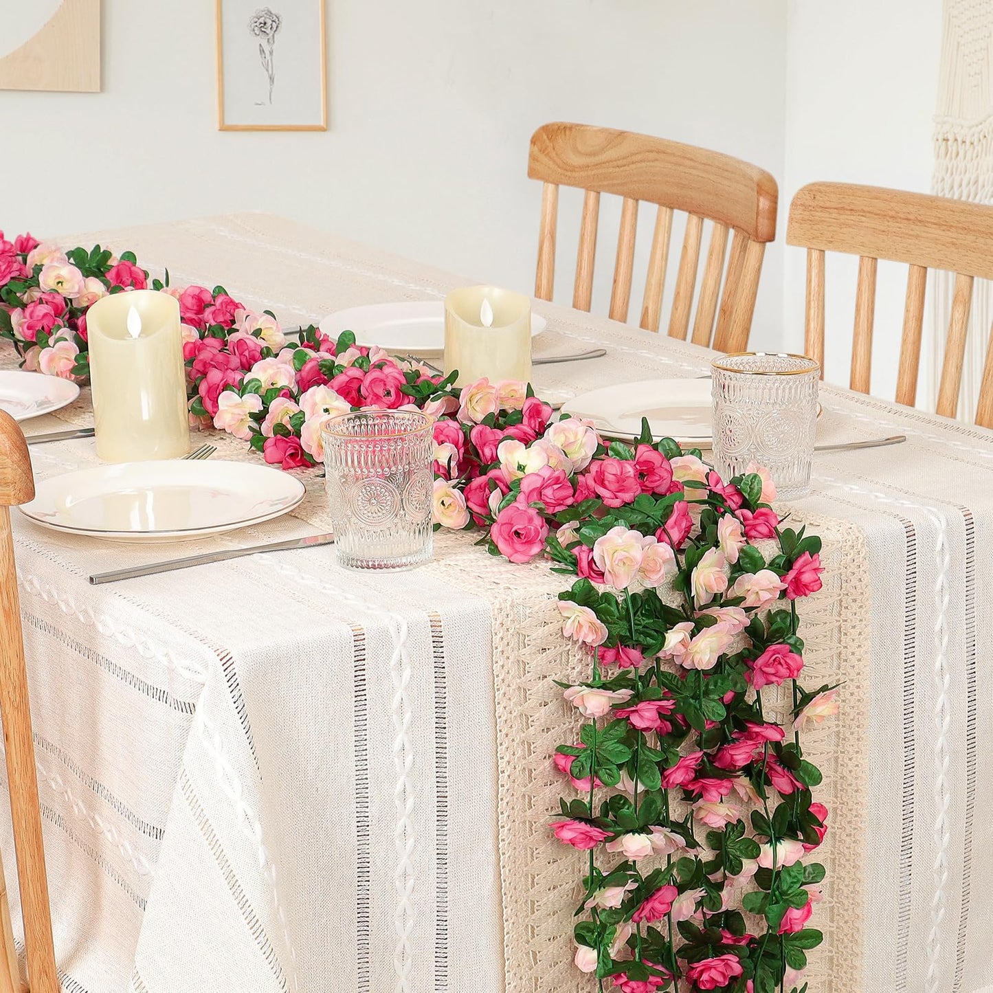 KHOYIME 8 Pack 64 FT Artificial Flower Garland, Fake Pink Roses Vines Silk Flowers Faux Plastic Outdoor Hanging Floral Ivy Garland Decoration for Wedding Arch Bedroom Home Wall Backdrop Room Decor