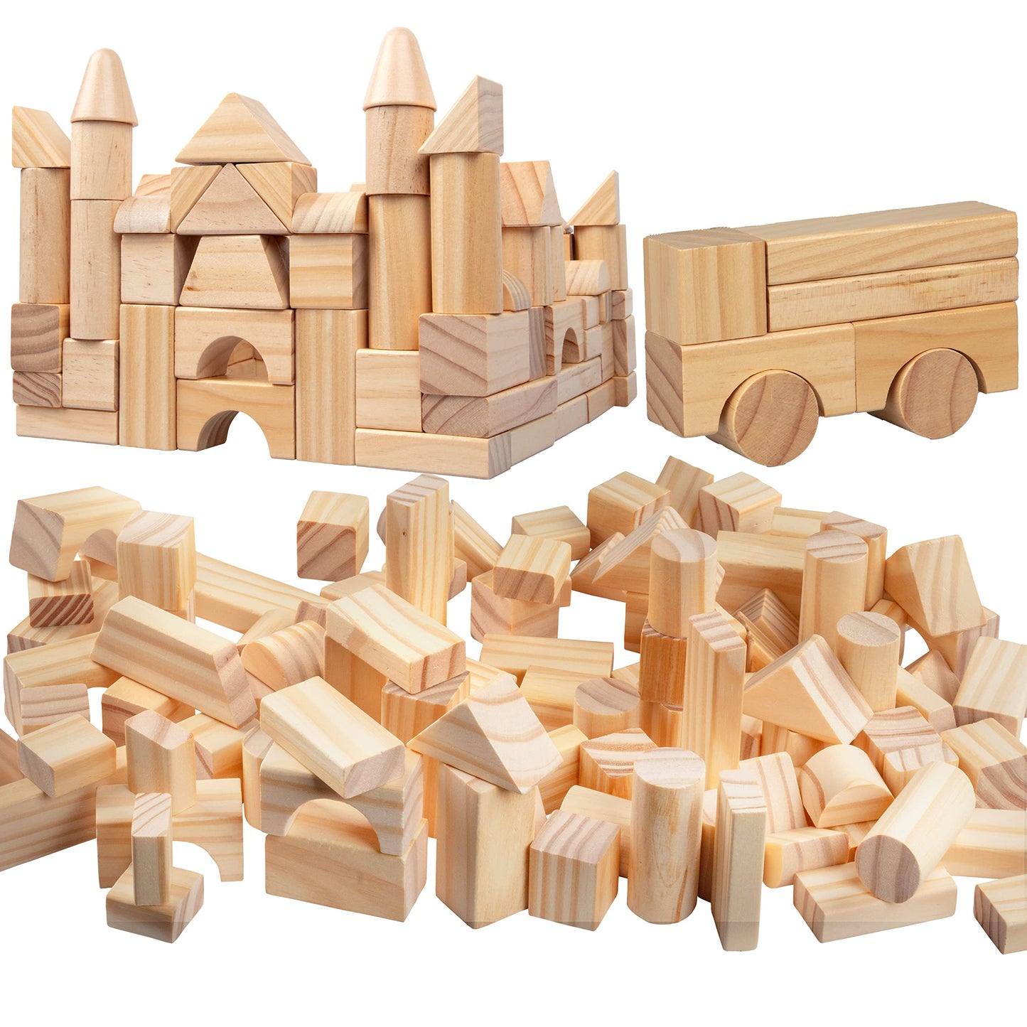 Wooden Blocks - 100 Pc Wood Building Block Set with Carrying Bag and Container (Natural Colored) - 100% Real Wood