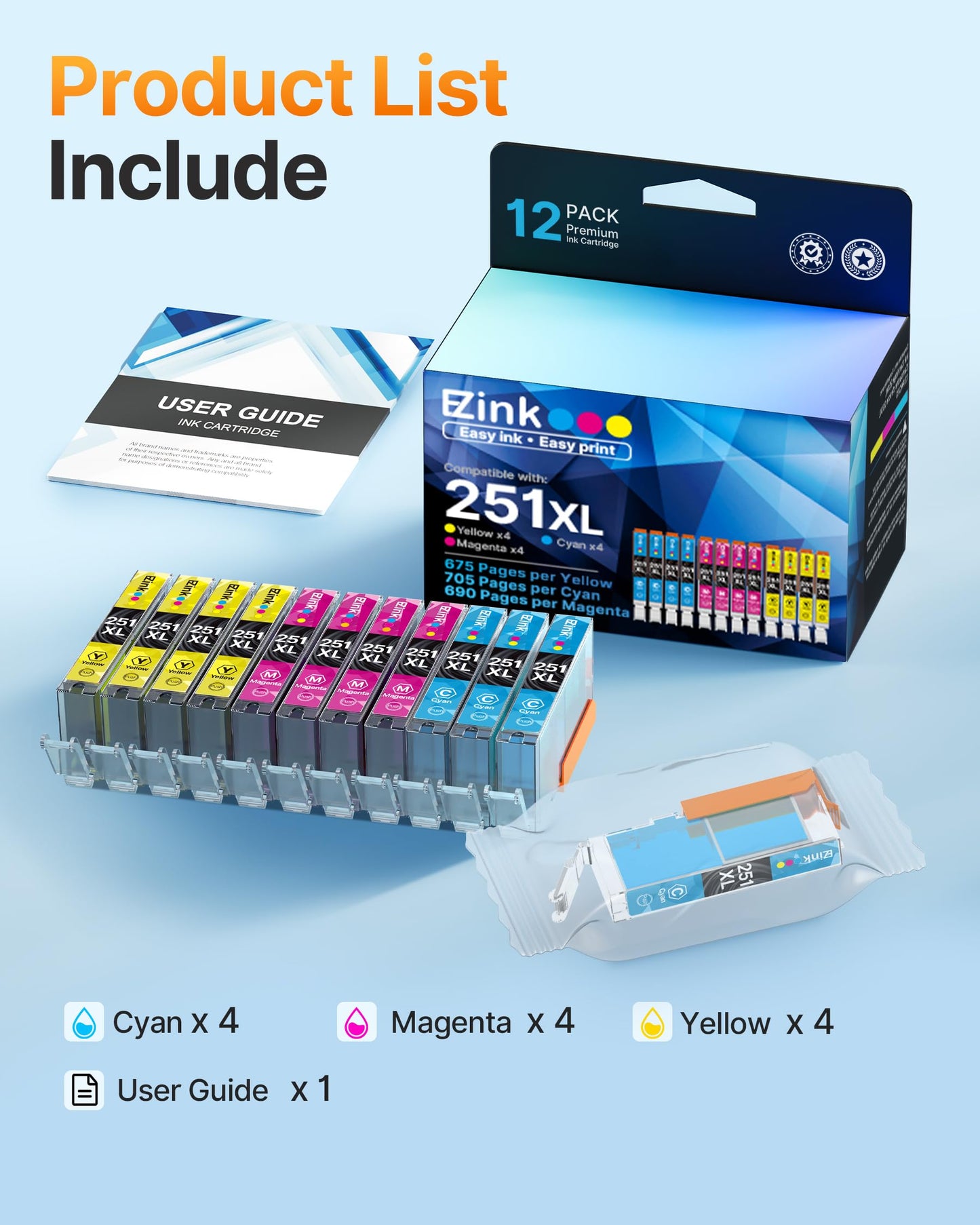 E-Z Ink Compatible Ink Cartridge Replacement for Canon CLI-251XL CLI 251 to use with PIXMA MX922 MX920 IP8720 IX6820 IP7220 MG5520 MG5420 MG7520 MG6320 Printer (4 Cyan, 4 Magenta, 4 Yellow, 12 Pack)