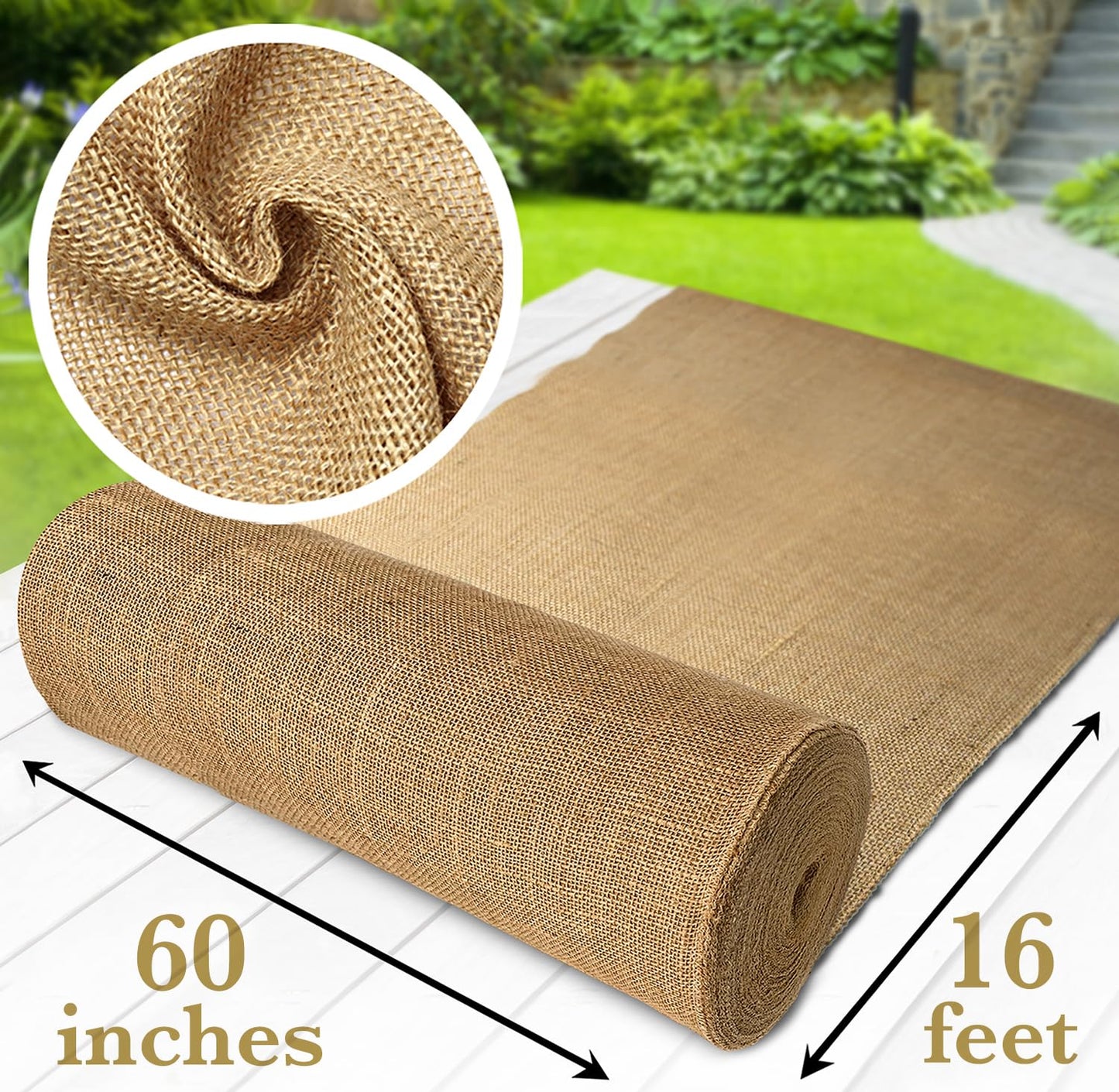 Burloptuous 60" x 16 Feet Gardening Burlap Fabric Roll - Tree Wrap, Weed Barrier, Erosion Control, Aisle Runner, Multipurpose Natural Fabric, High Density Jute Fiber Material