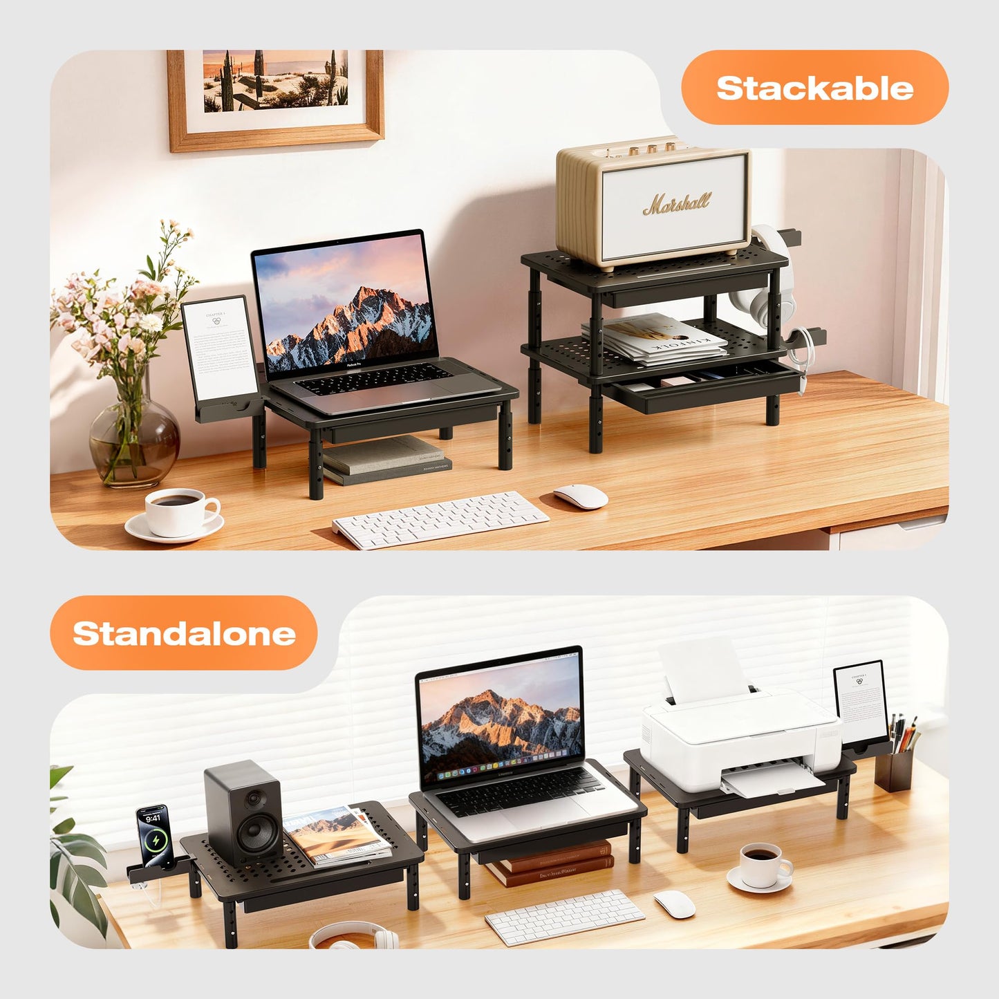 Canyora Computer Monitor Stand Riser with Storage, 3 Height Adjustable Laptop Desktop Monitor Stand with Drawer, Metal Short Printer Table, Stand Riser for Desk, Office Desk Organizers and Accessories, 2 Pack