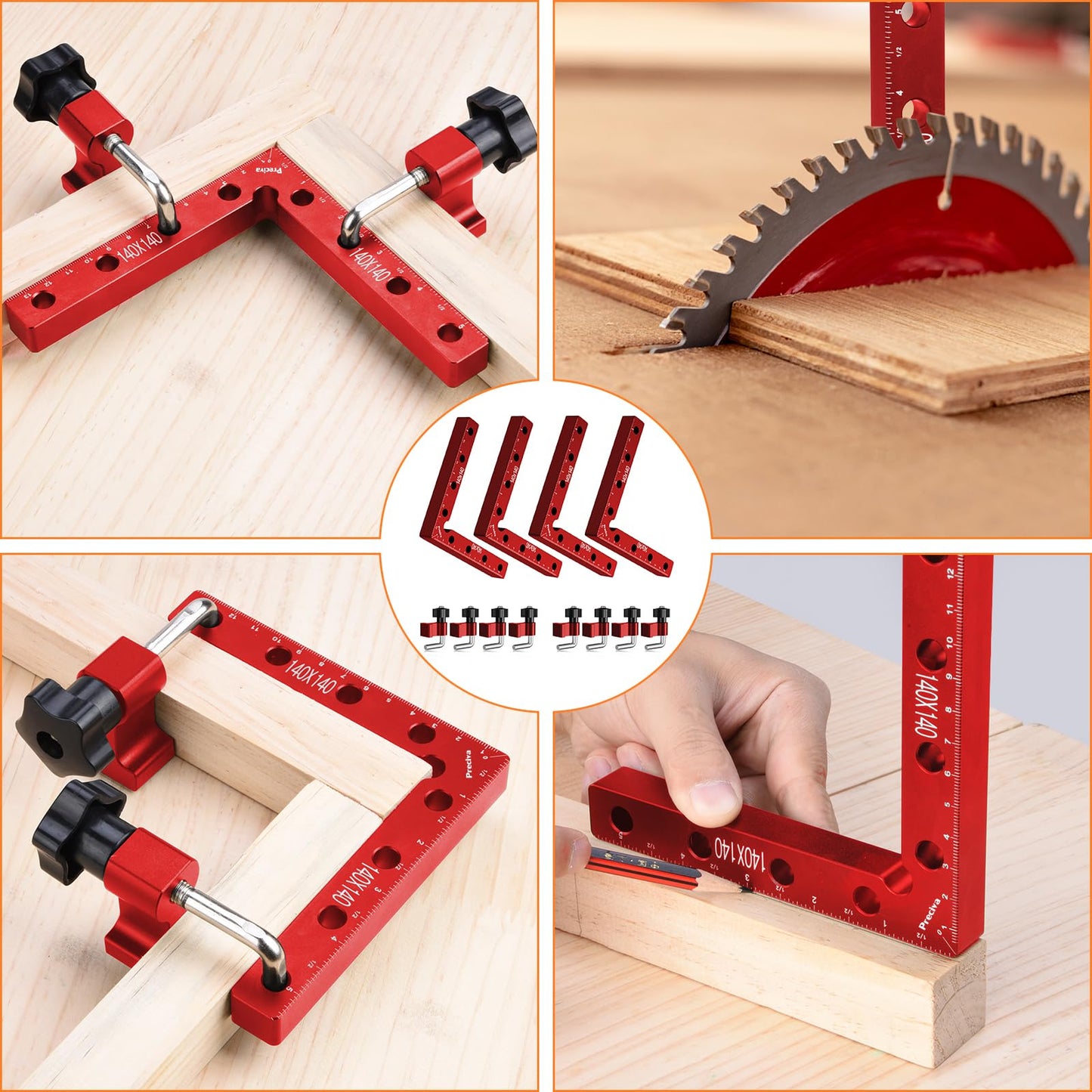 Preciva 90 Degree Positioning Squares (14cm/5.5"), Aluminum Alloy Right Angle Clamps Fixing Clamp, Professional Woodworking Tools Carpenter Squares for Picture Frame Box (5.5inch*4 Pack) (Red)