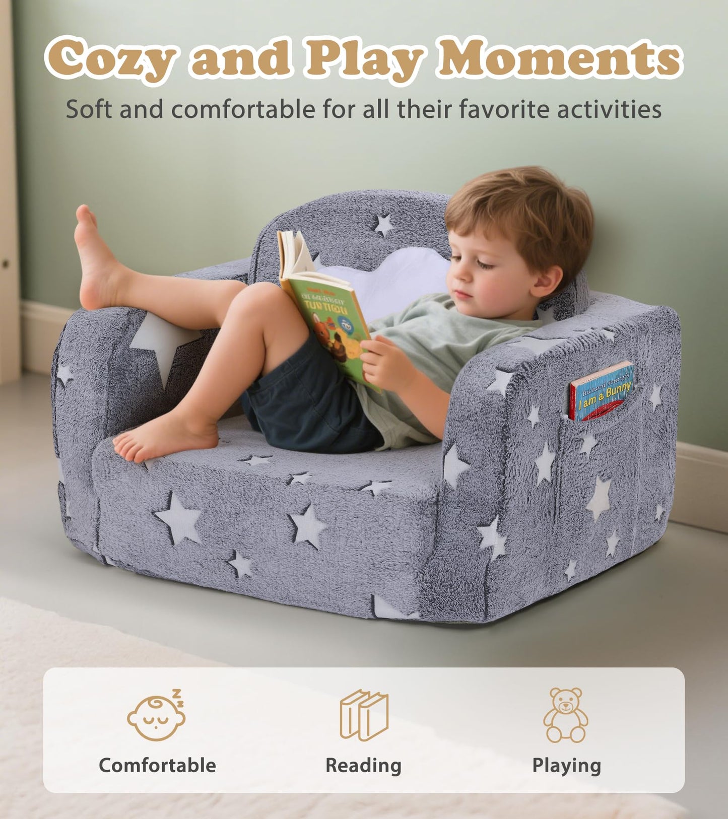 Kids Couch, 2-in-1 Soft Toddler Couch Fold Out with Blanket and Cloud Pillow, Glow in The Dark, Toddler Chair Comfy, Convertible Sofa, Gifts for Kids Girl Boys, Grey Star