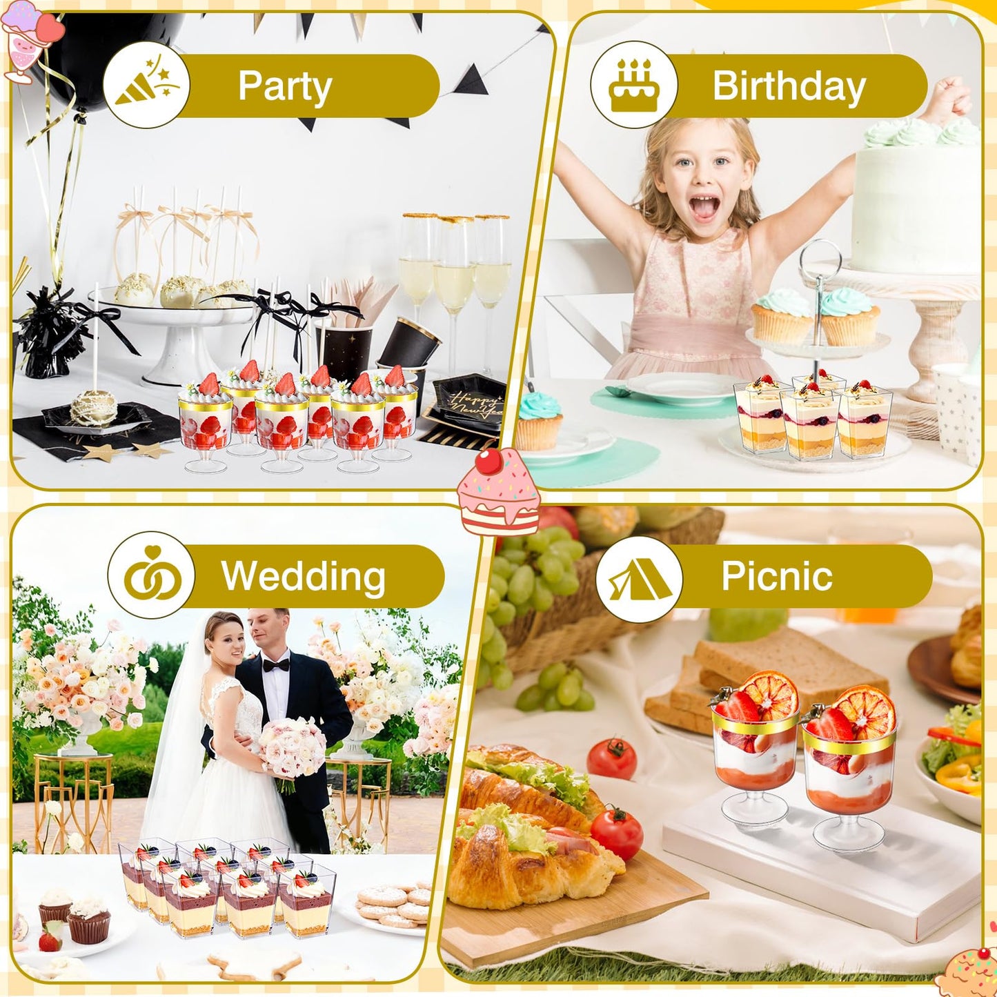 Mwellewm 300Pcs Dessert Cups 5 OZ Parfait Cups Small Plastic Desert Cups with Spoons Clear Mini Serving Shooter Cups Glasse Round Goblet with Gold Edge for Party Appetizer Fruit Ice Cream Cake Pudding