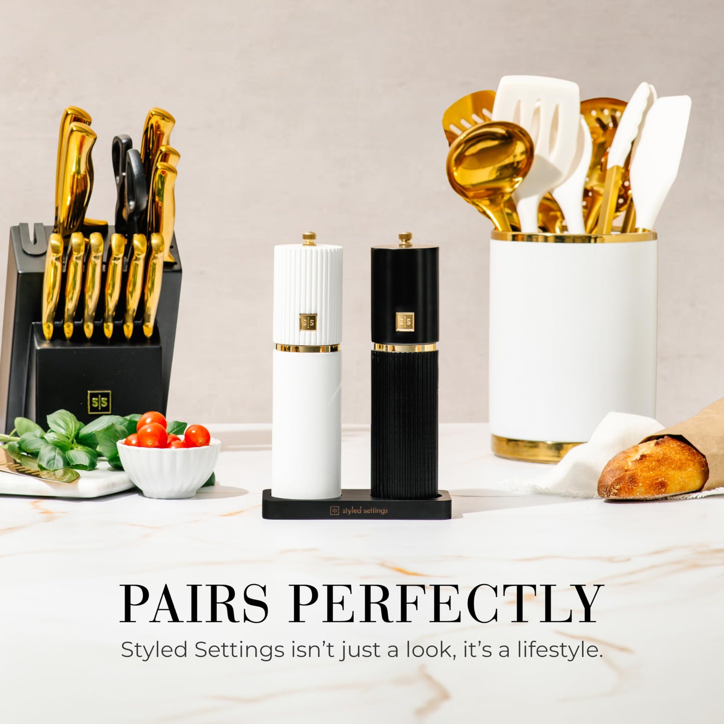 Styled Settings White and Black Salt and Pepper Grinder Set with Gold Accents – Set of Two Refillable Wooden Manual Grinders with Adjustable Ceramic Mills & Matching Wooden Stand - Ideal for Gifting