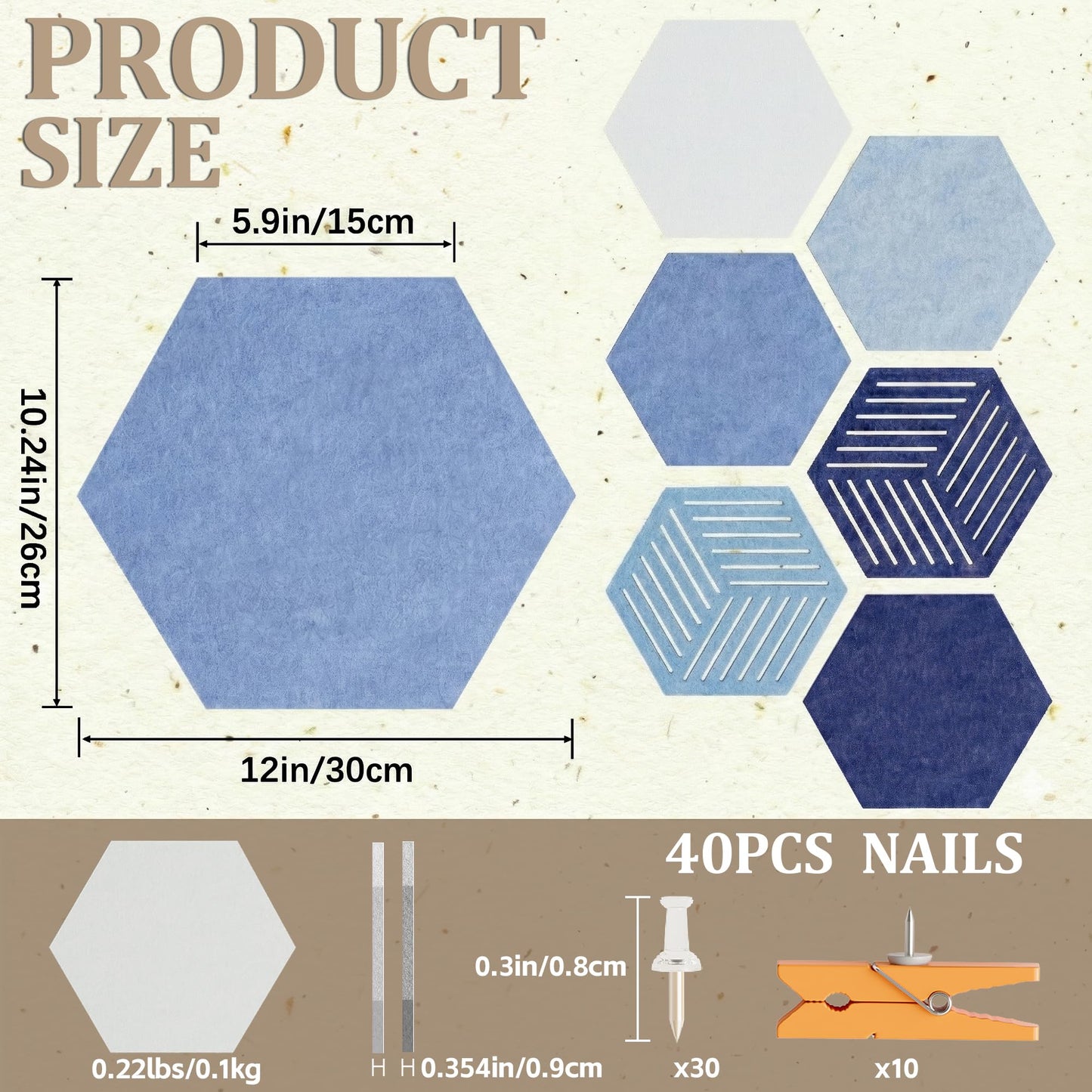 Hexagon Large Felt Bulletin Board Tiles - Cork Board Alternative for Wall 8 Pack Pin Board with 40 Push Pins, DIY Decor for Office Home Classroom Photos Memos