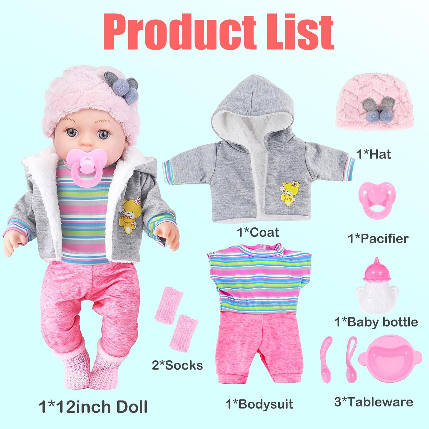 ebuddy 12 Inch Baby Doll - 12" Lifelike Baby Doll with 3-Piece Outfits, 4 Accessories & Feeding Playset - Realistic Rosy Cheeks & Blue Eyes, for Kids
