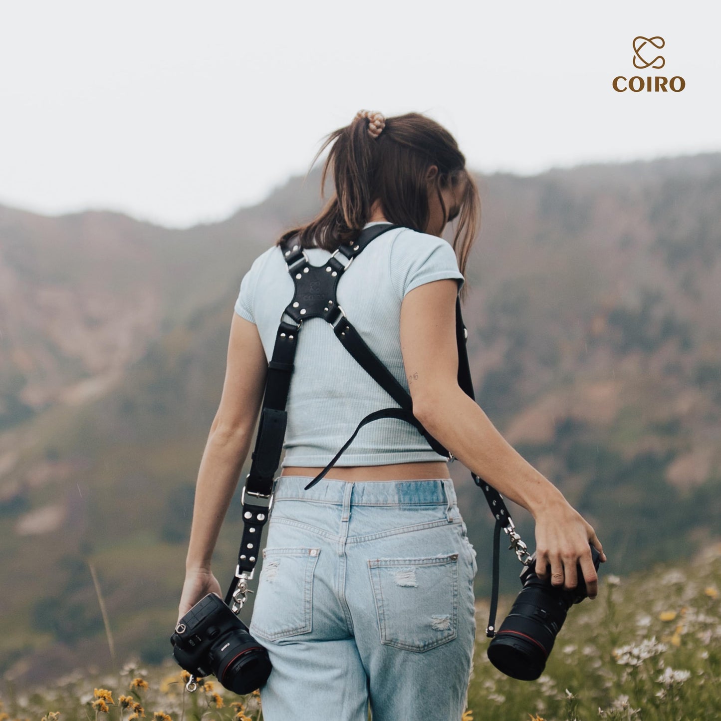 Camera Strap Accessories for Two-Cameras – Dual Shoulder Leather Harness – Multi Camera Gear for DSLR/SLR Black