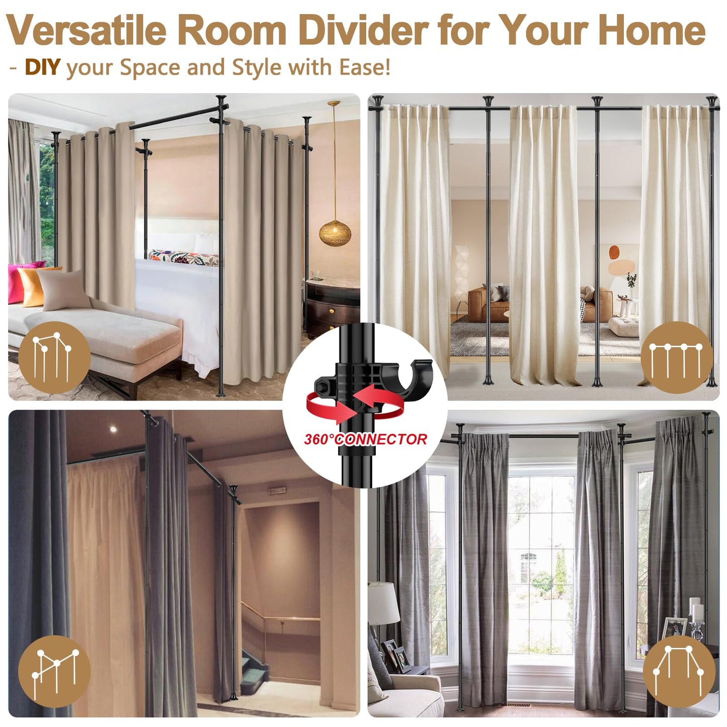 Room Divider Curtain Rod, 28-171inch(W) 4-10ft(H) Adjustable Curtain Rod divider for Room Separation, Heavy Duty Floor to Ceiling Wall Divider Hanging Room Dividers Partition Space Separator Black
