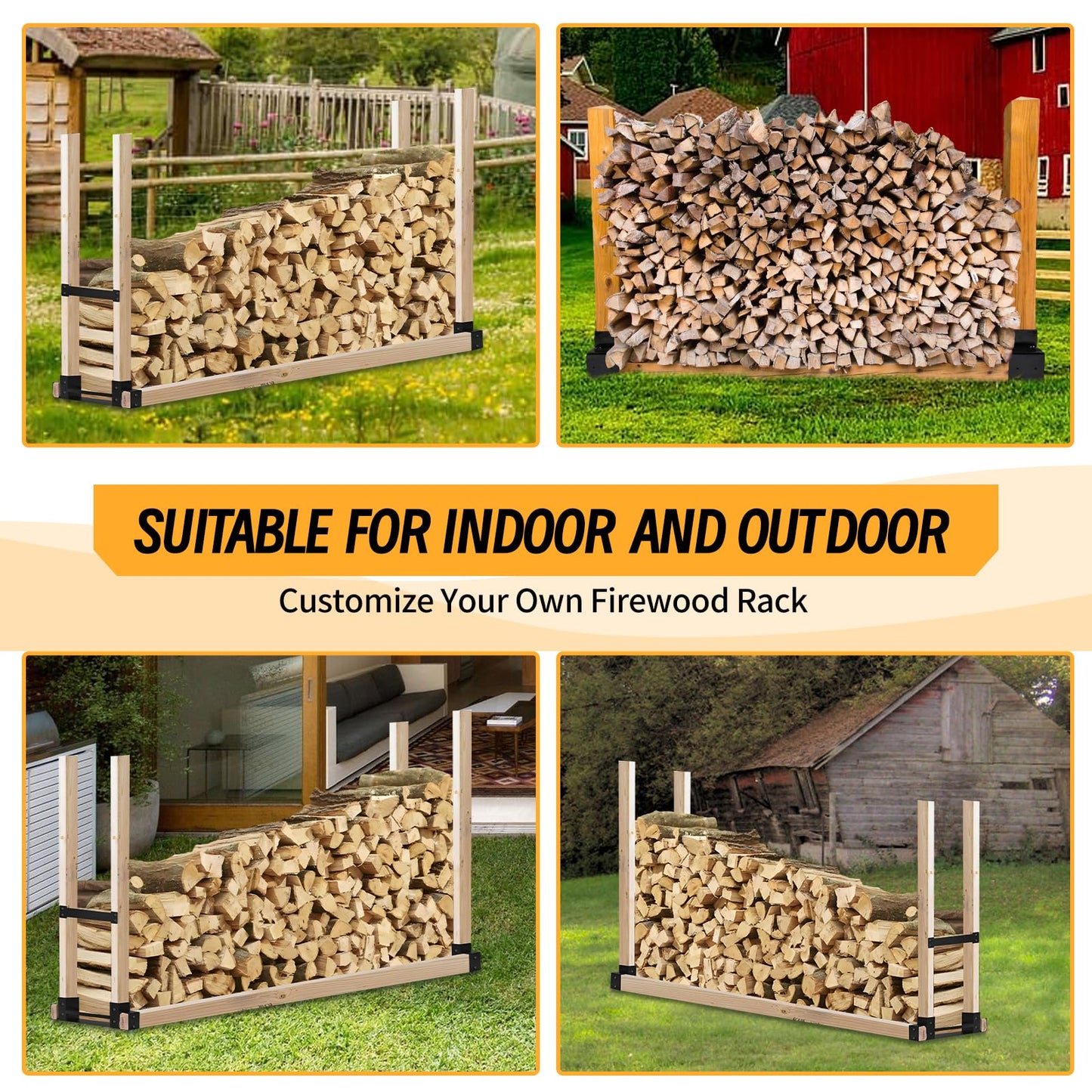 Onlyflame Firewood Rack Brackets Kit - Heavy Duty Steel Log Rack Bracket for Log Holder - Adjustable to Any Length Station Firewood Bracket for Outdoor Indoor Patio Deck Metal Wood Storage with Screws