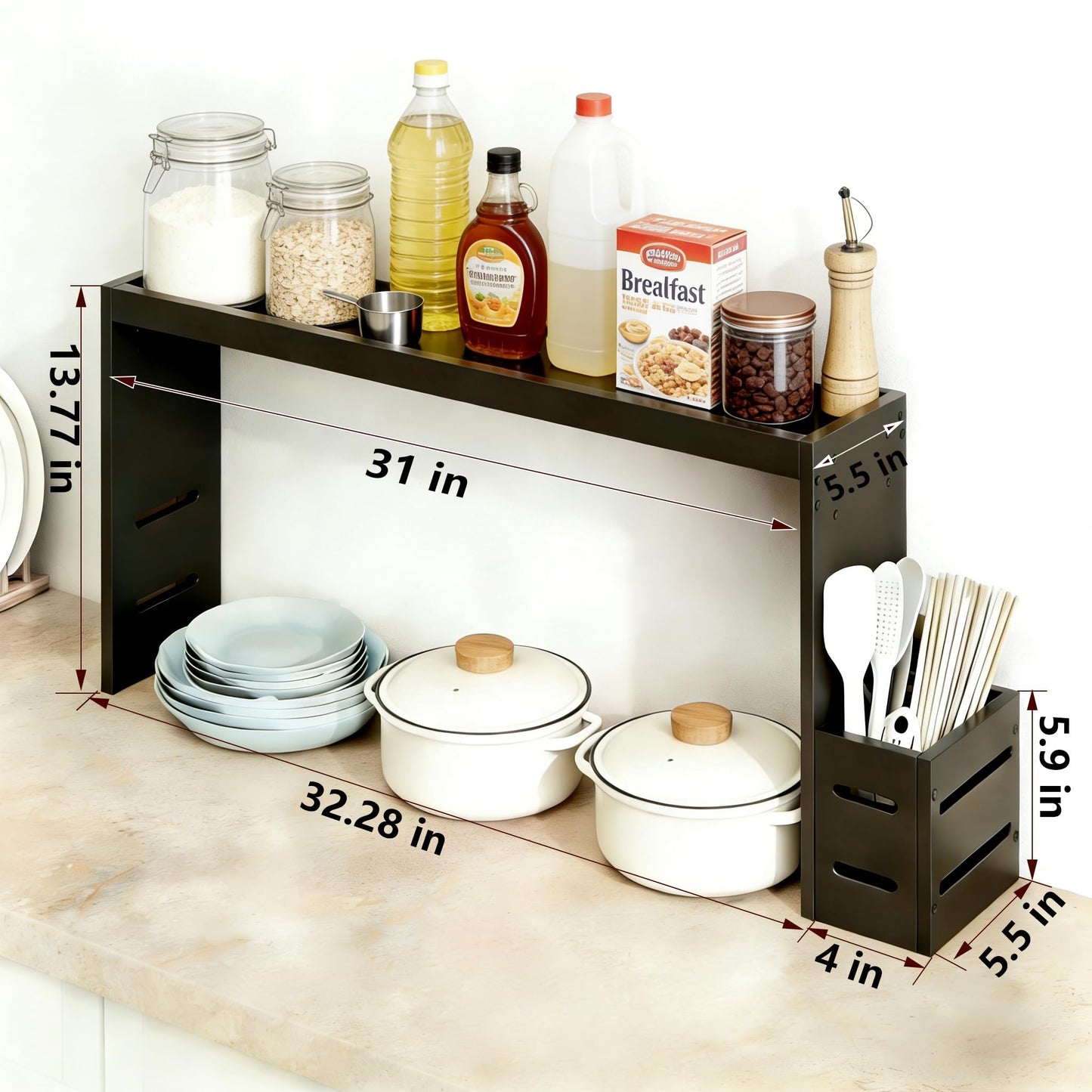 Over The Stove Shelf, Bamboo Stove Top Spice Rack Organizer 31 in Countertop Storage with Utensil Holder, 6 Hooks, Fit Stove, Kitchen Counter, Stove Top Shelf for Spice, Jar, Cooking Tool Black