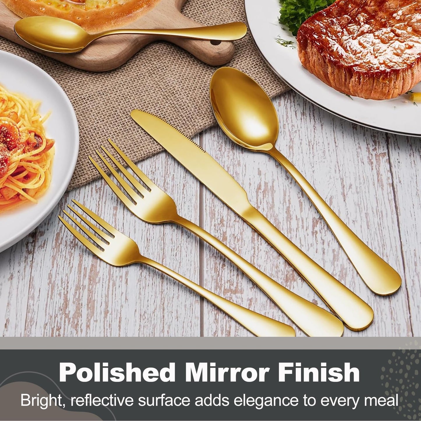 Runfly Gold Silverware Set, 40 Piece Flatware Cutlery Set for 8, Stainless Steel Silverware, Mirror Polished Cutlery Utensil Set Includes Knife Fork Spoon for Home Kitchen Restaurant