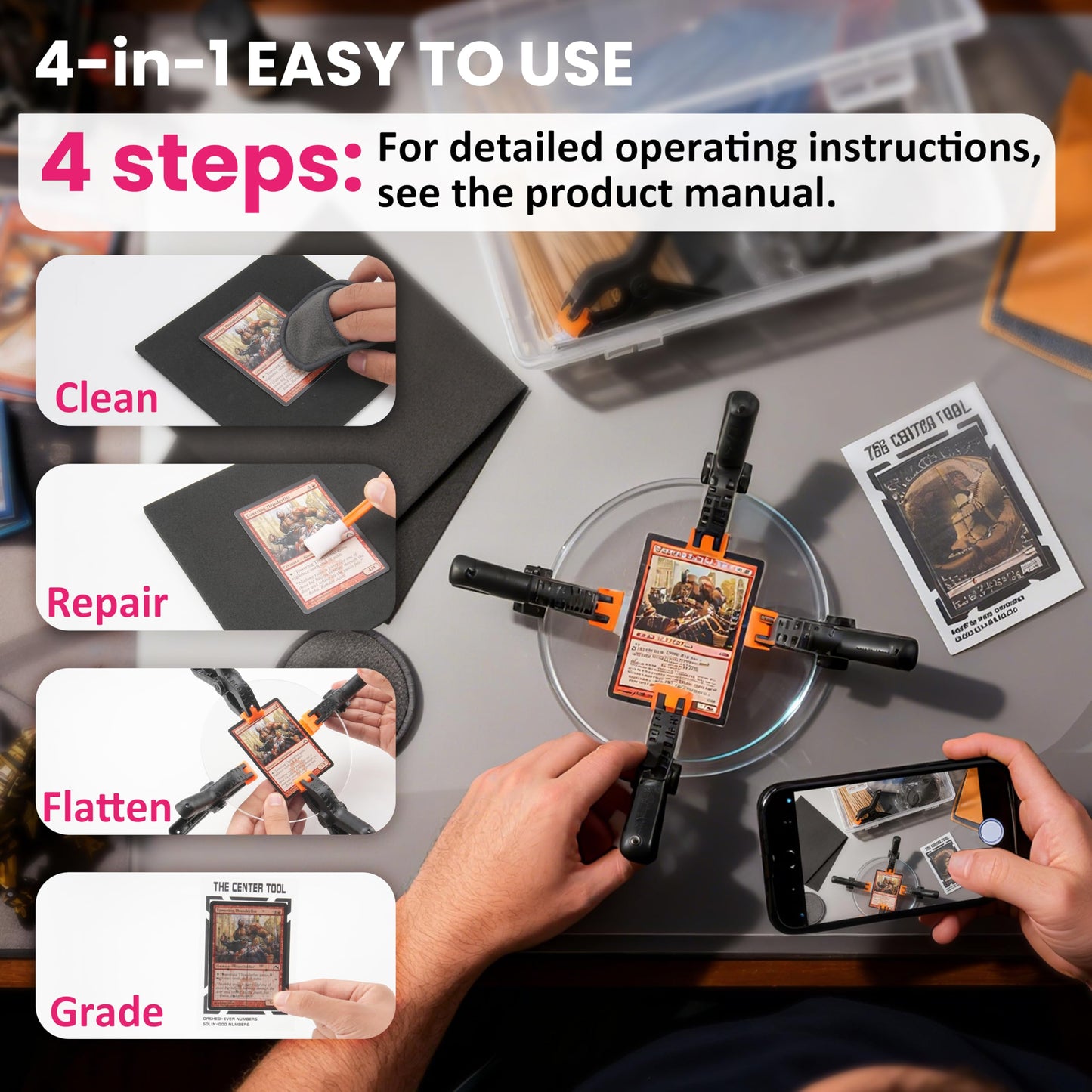LUVCOSY 223 Pcs Trade Card Care Clean Kit, Card Cleaning & Flattening with Card Grading Centering Tool for TCG Collectors to Repair and Grade Card