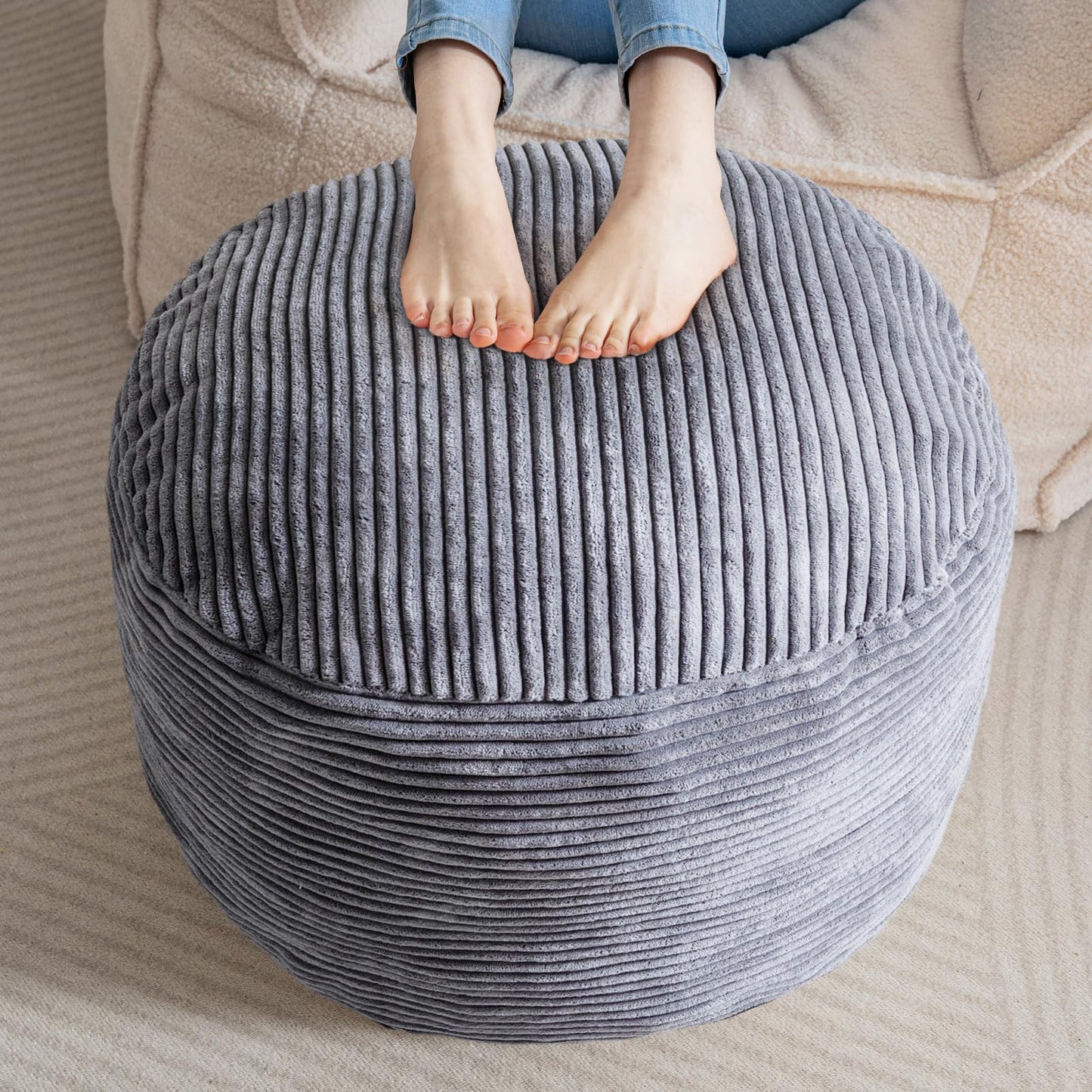 HIGOGOGO Corduroy Round Pouf Ottoman with Foam Chunk Filling, Furry and Fluffy Pouf Foot Stool, 20 X 15 Floor Poufs Foot Rest for Living Room, Dark Grey