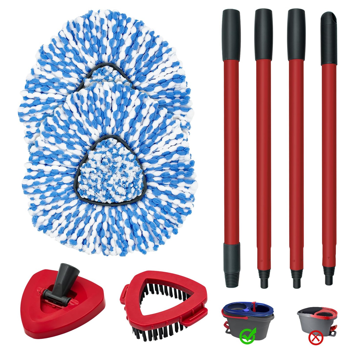 Spin Mop Handle, Mop Heads Replacements, Scrubber Head and Base Compatible with Vileda RinseClean Spin Mops & Bucket 2-Tank System, Mopping Stick and Head Replacement for Wet Dry Use Floor Cleaning