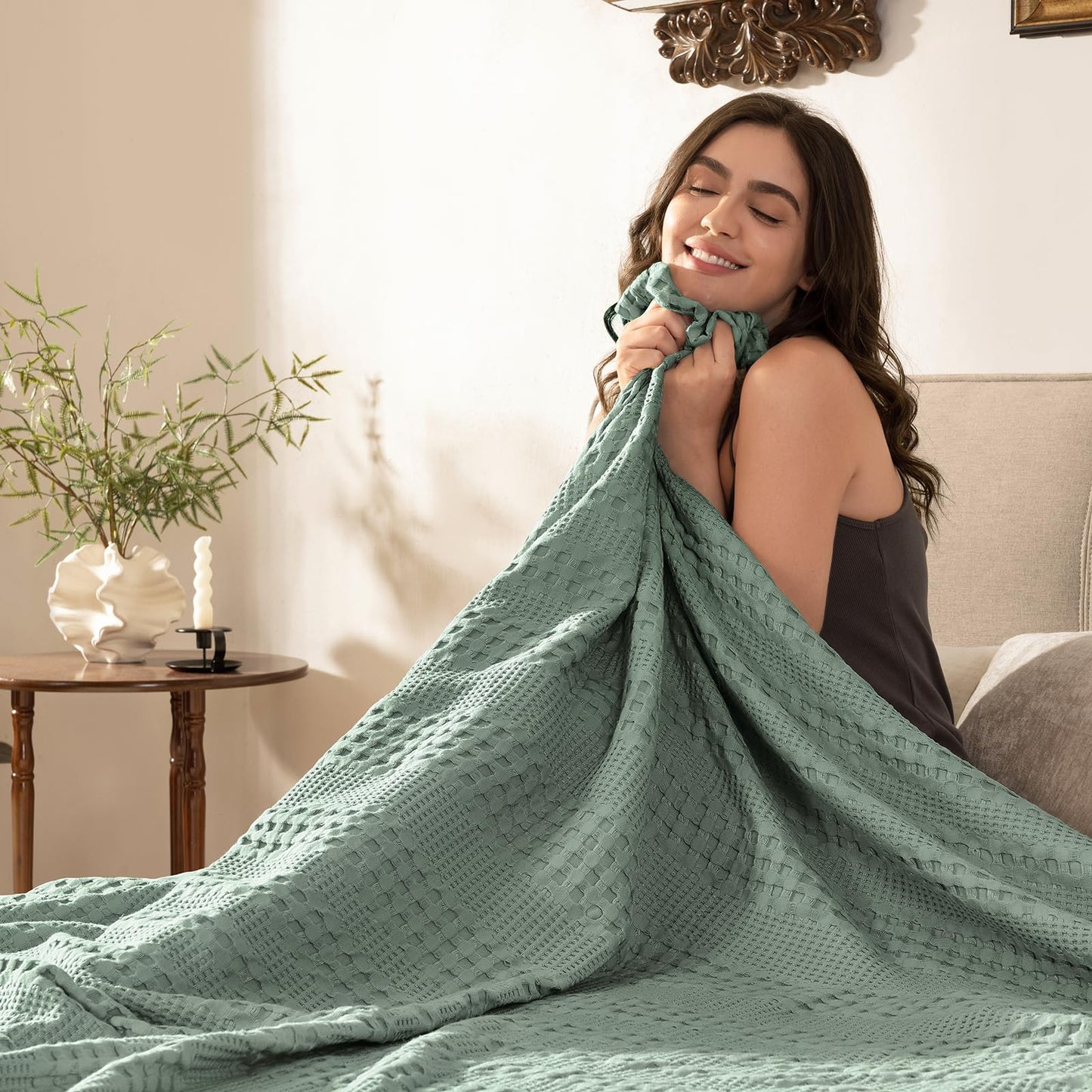 PHF Cooling Waffle Blanket King Size, Lightweight 60% Rayon Derived from Bamboo & 40% Cotton Breathable Summer Blanket for Hot Sleepers, Soft and Luxury for Bed Couch and Sofa, 104"x90", Sage Green