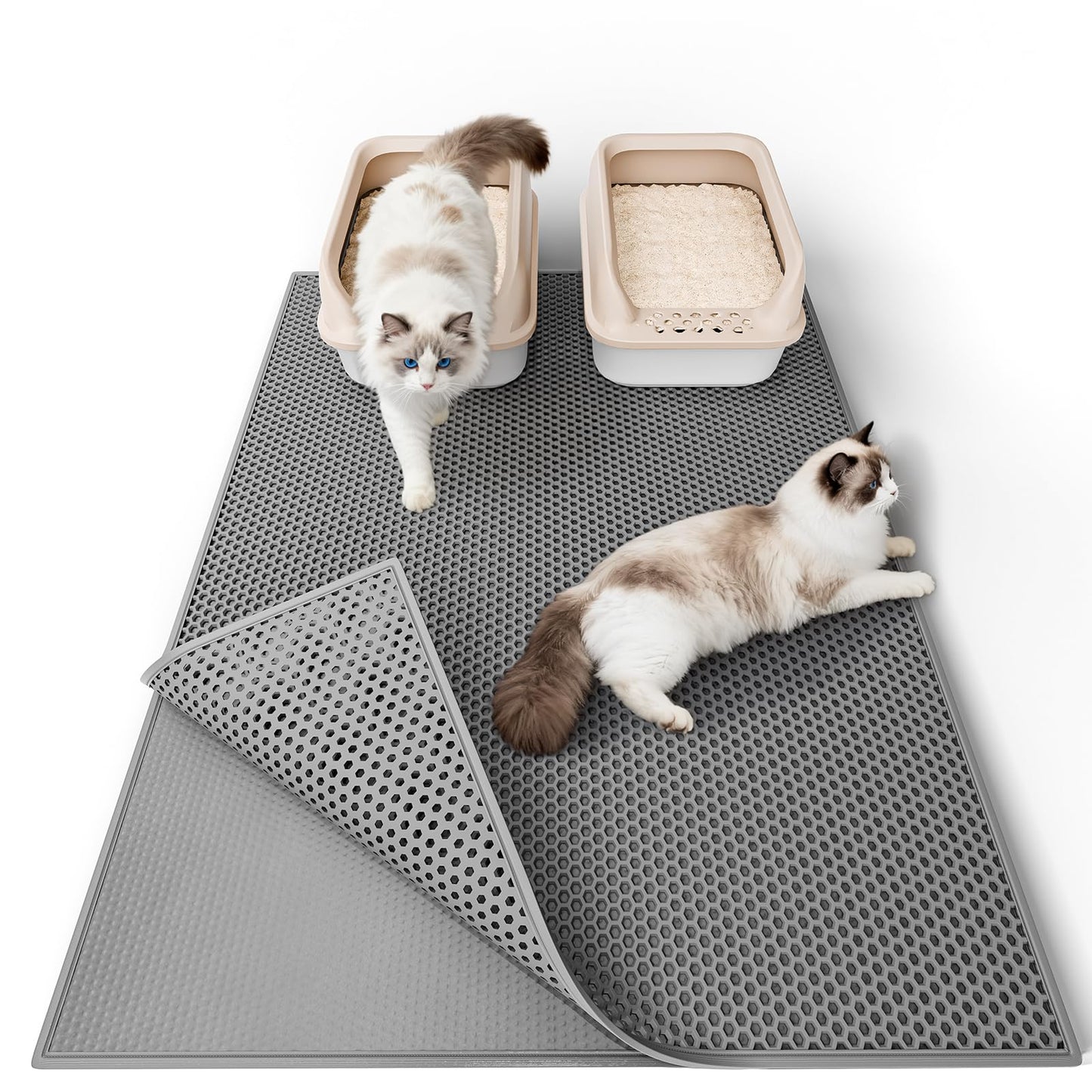 Garoopion Cat Litter Mat, 90 x76 cm Cat Litter Box Mat, EVA Waterproof Trapper, Honeycomb Double Layer Catcher, Easy to Clean, Gray, 1 Side Connected