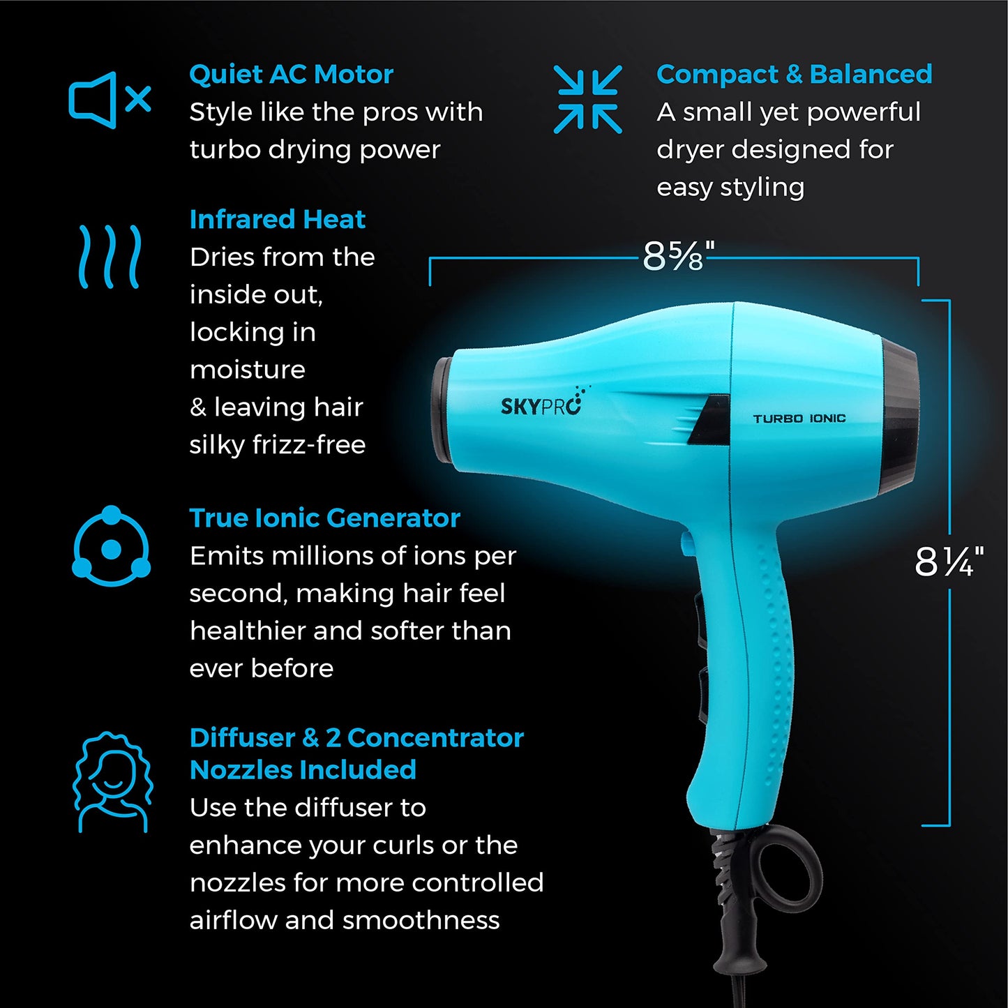 Professional Series Salon Hair Dryer with Diffuser by SKYPRO | Ionic Blow Dryer for Women |Small, Quiet, Lightweight, Compact | 1875 Watts Fast Salon-Grade Drying Power with Anti-Frizz Ionic Generator