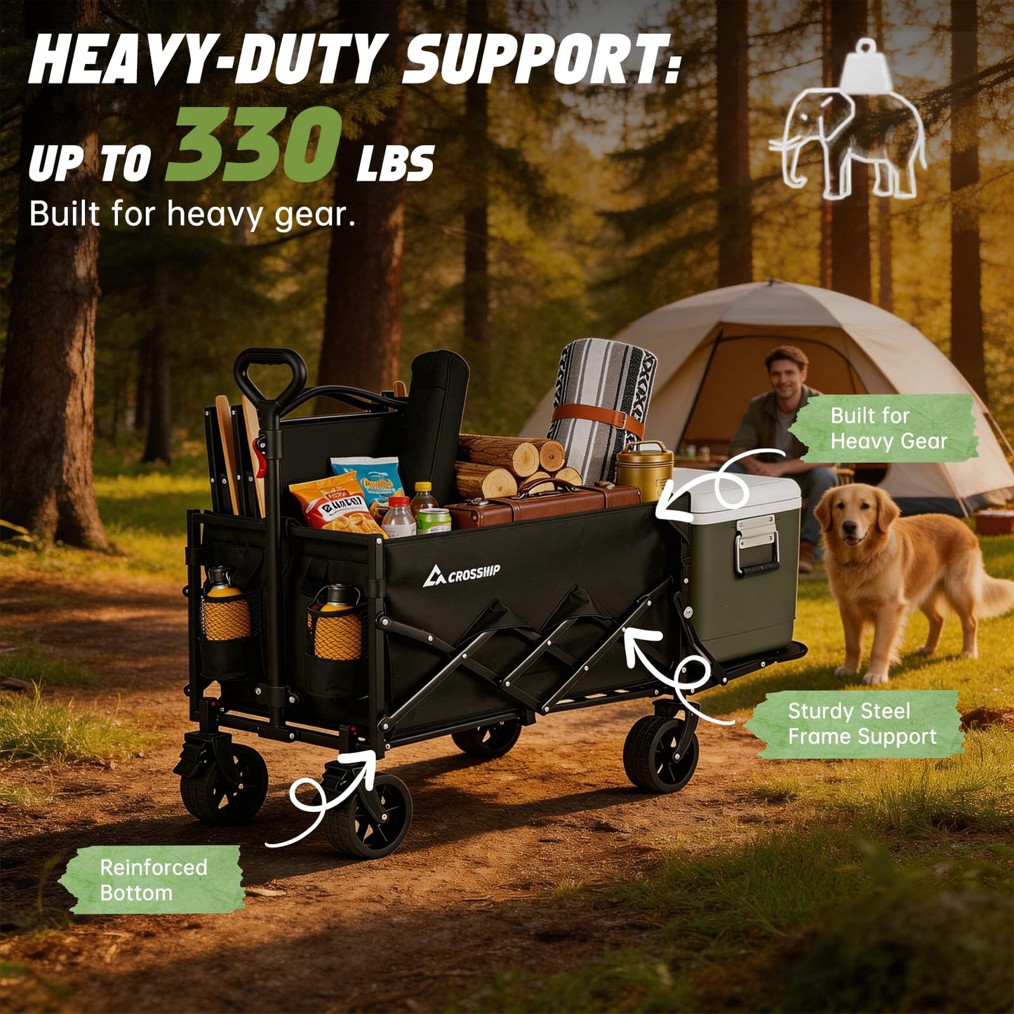 CROSSHIP Collapsible Pet Wagon Cart with Drop-Down Tailgate - Foldable Wagon Carts 150L & 330LBS Folding Wagons, All-Terrain Wheels Utility Wagon for Camping with 1 Medium Dog or 2 Small Puppies