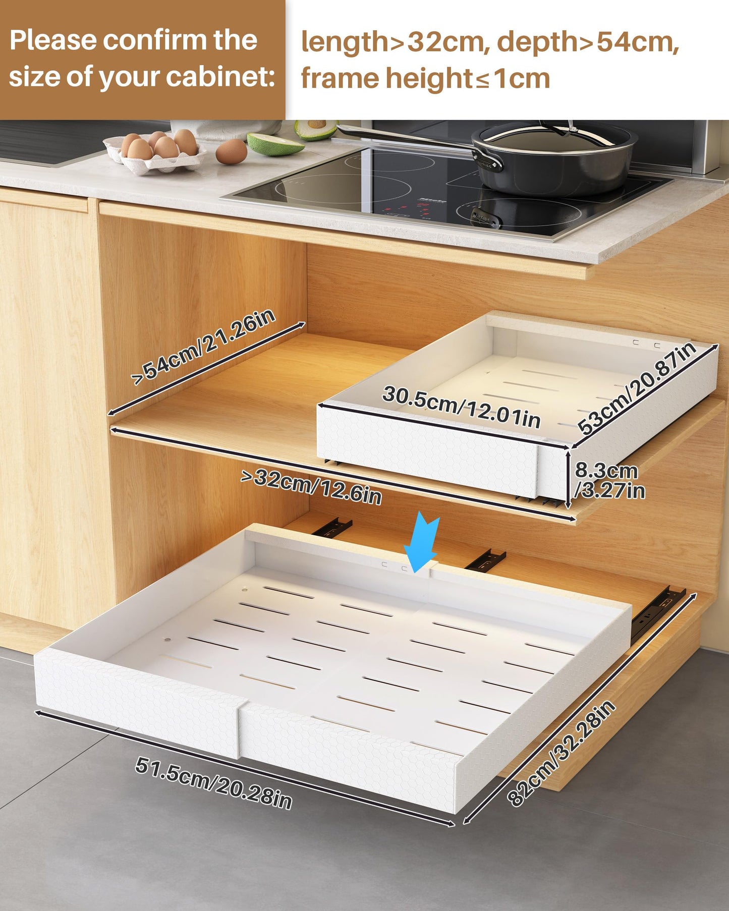 UMDONX 2 Pack Expandable Pull out Cabinet Storage Organizer Kitchen Cupboard Drawers, No Drill Adhesive Pantry Shelf Peel and Stick Sliding Rack(Durable Metal White Load 65LBS 21"Deep)