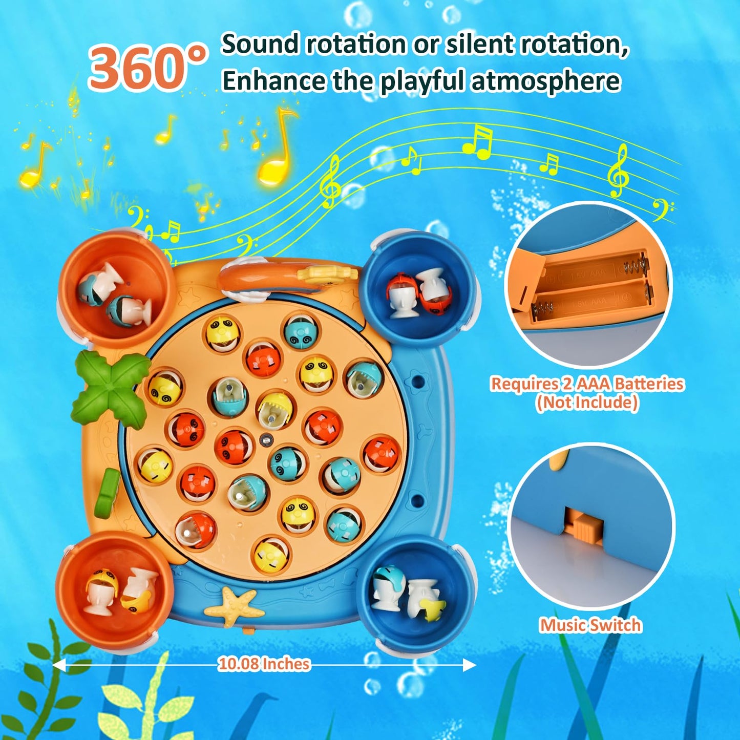 Jovarous Magnetic Fishing Game Set - Fish Toys with 21 Fish and 6 Poles, Rotating Board and On-Off Music Switch - Fun Fishing Board Games for Kids and Toddlers Age 3 4 5 6 7 8 and Up (Blue)