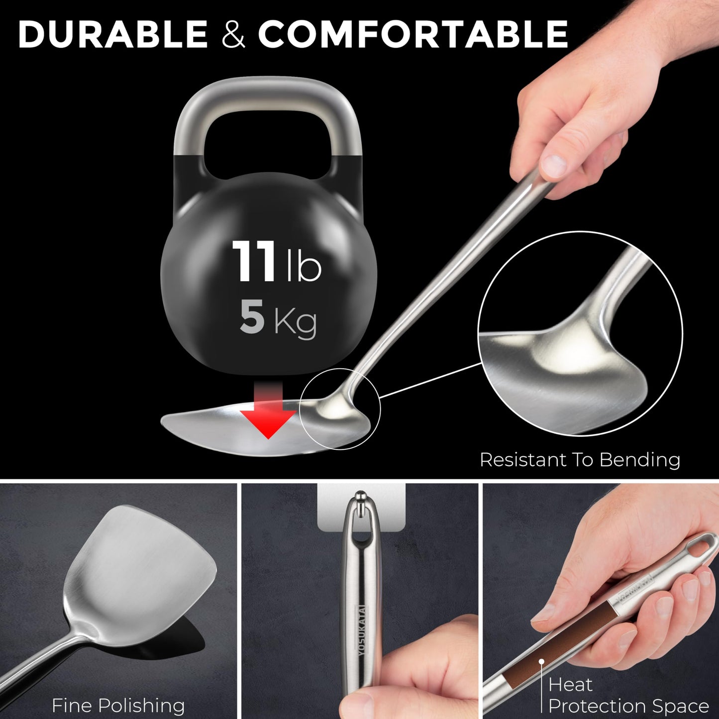 Yosukata 43 cm Wok Spatula and Ladle Skimmer Spoon - Stainless Steel Cooking Utensils Set of 3-304 Stainless Steel Kitchen Utensils Set - Dishwasher Safe Wok Accessories - Wok Utensils Cooking Tools…