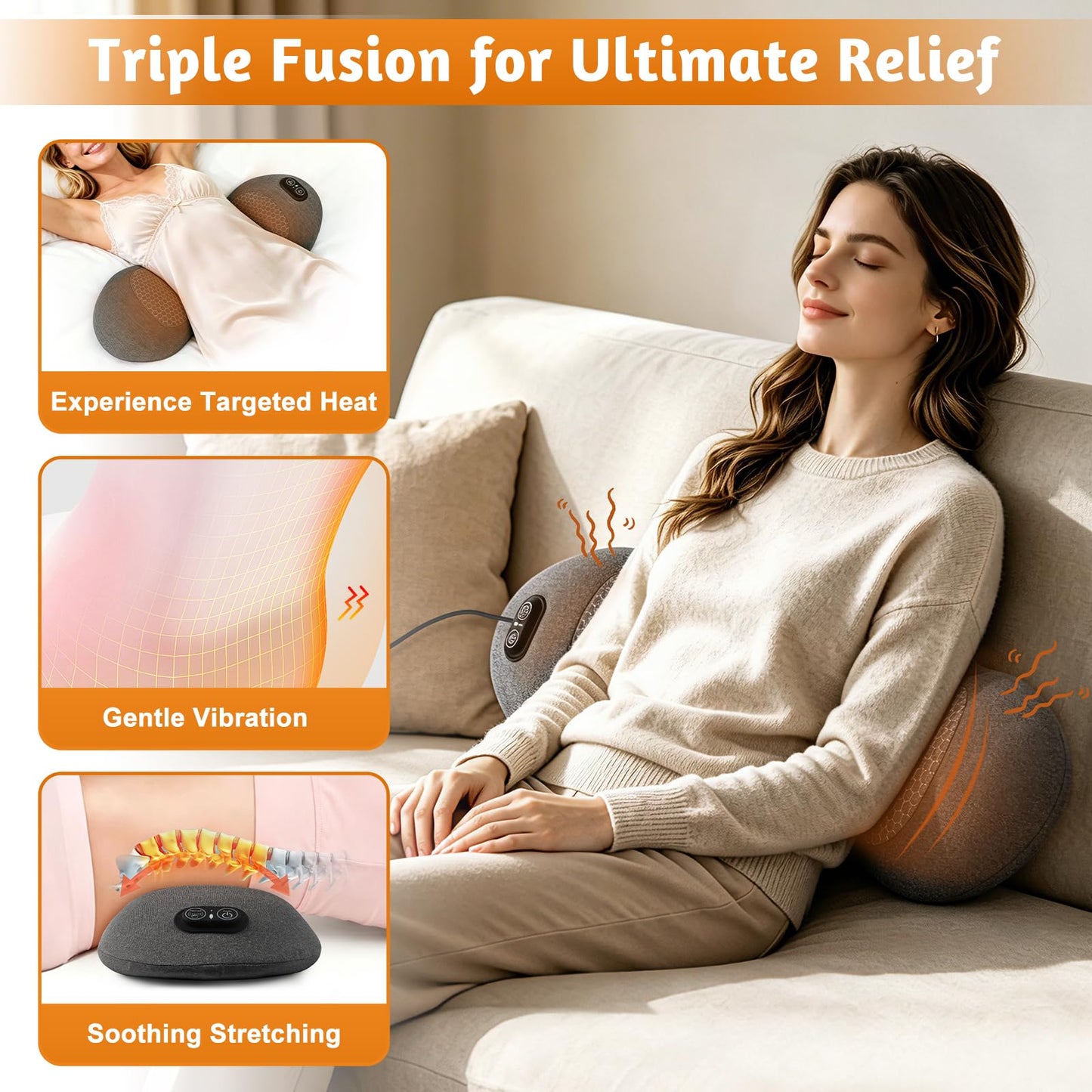 KKYOYRE Smart 3-in-1 Back Massager Cushion with Adjustable Heat, Vibration & Traction, Portable Lumbar Pillow for Total Body Relaxation, Compatible with Home, Office, and Travel Use
