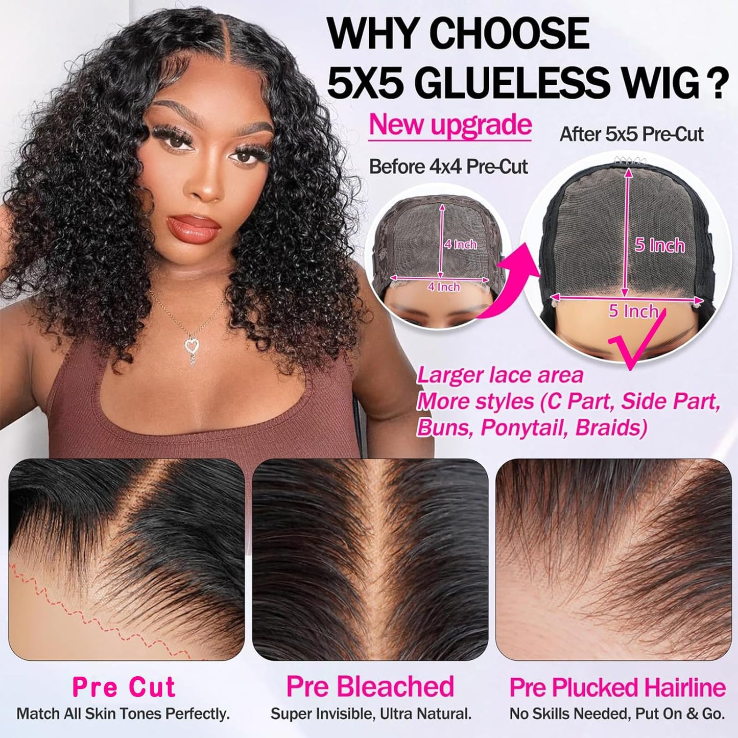 Curly Bob Wig Human Hair Wear and Go Glueless Bob Wigs Human Hair Pre Plucked Pre Cut 5x5 HD Lace Closure Deep Curly Wave Wigs for Black Women 180 Density Natural Color 12 Inch
