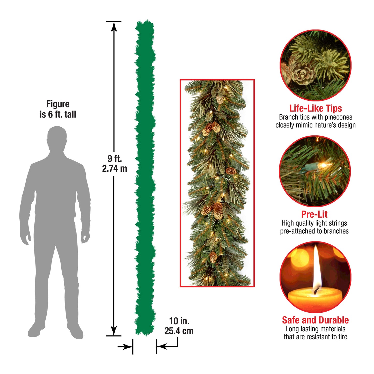 National Tree Company 9 ft Pre-Lit Carolina Pine Artificial Christmas Garland, Christmas Decoration with Pinecones, 100 Clear LED Lights, 240 Tips, Timer, Green