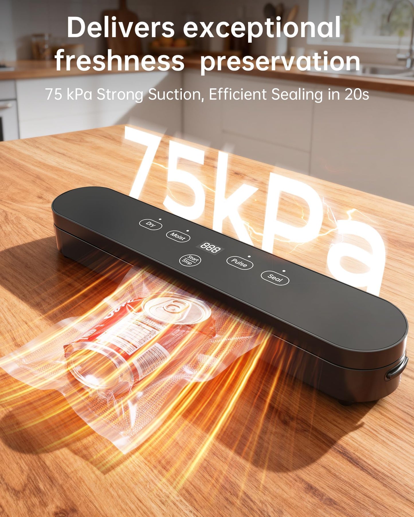 Vacuum Sealer, Automatic Food Preservation System with Digital Display, 75Kpa Super Suction Power, 20 Food Preservation Bags Included, Dry/Moist Food Modes, One-Touch Operation for Maximum Freshness