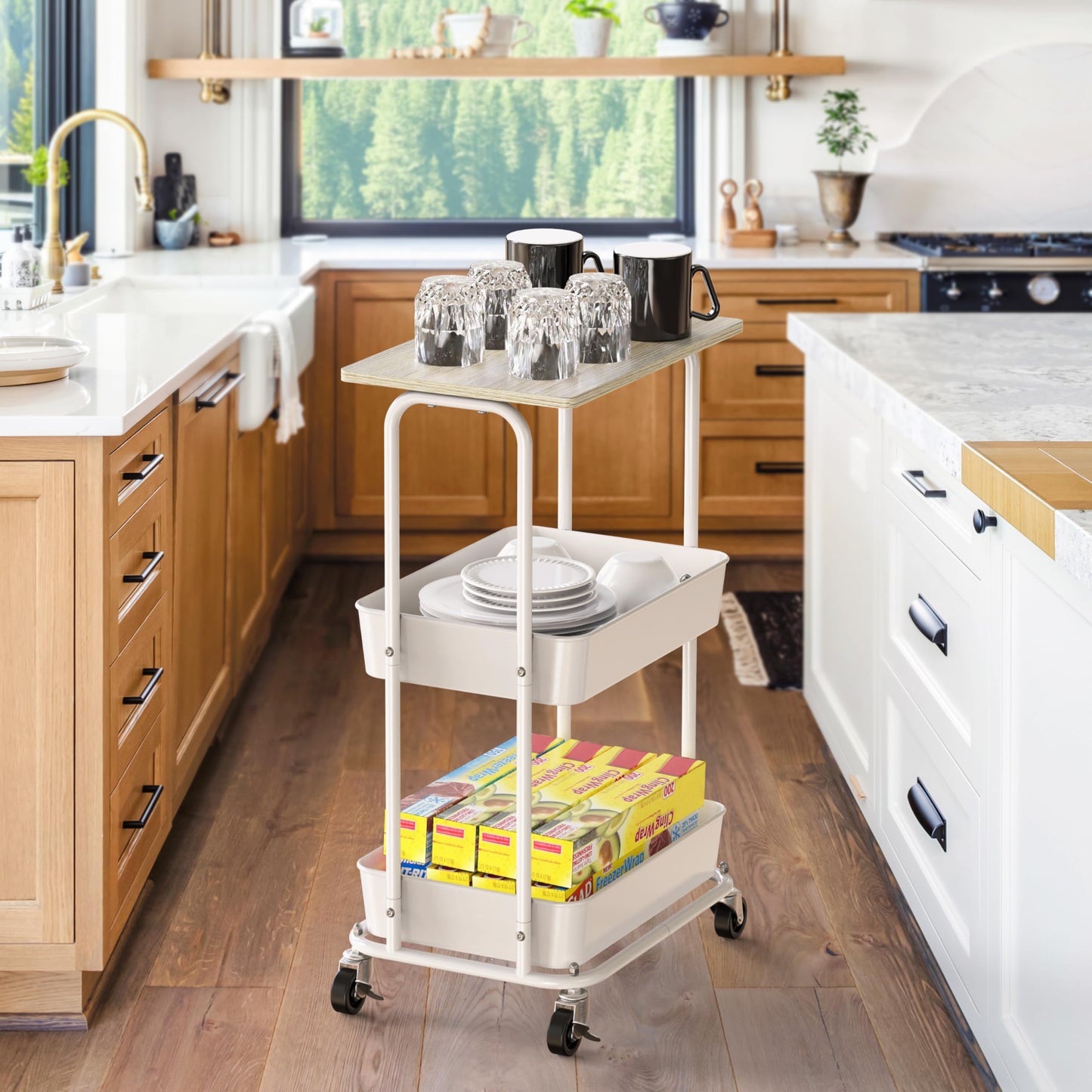 Simple Houseware 3-Tier Metal Rolling Utility Cart with Wooden Top and Lockable Wheel, Storage Organizer Trolley for Kitchen, Bathroom, Office, Craft Room, Maple