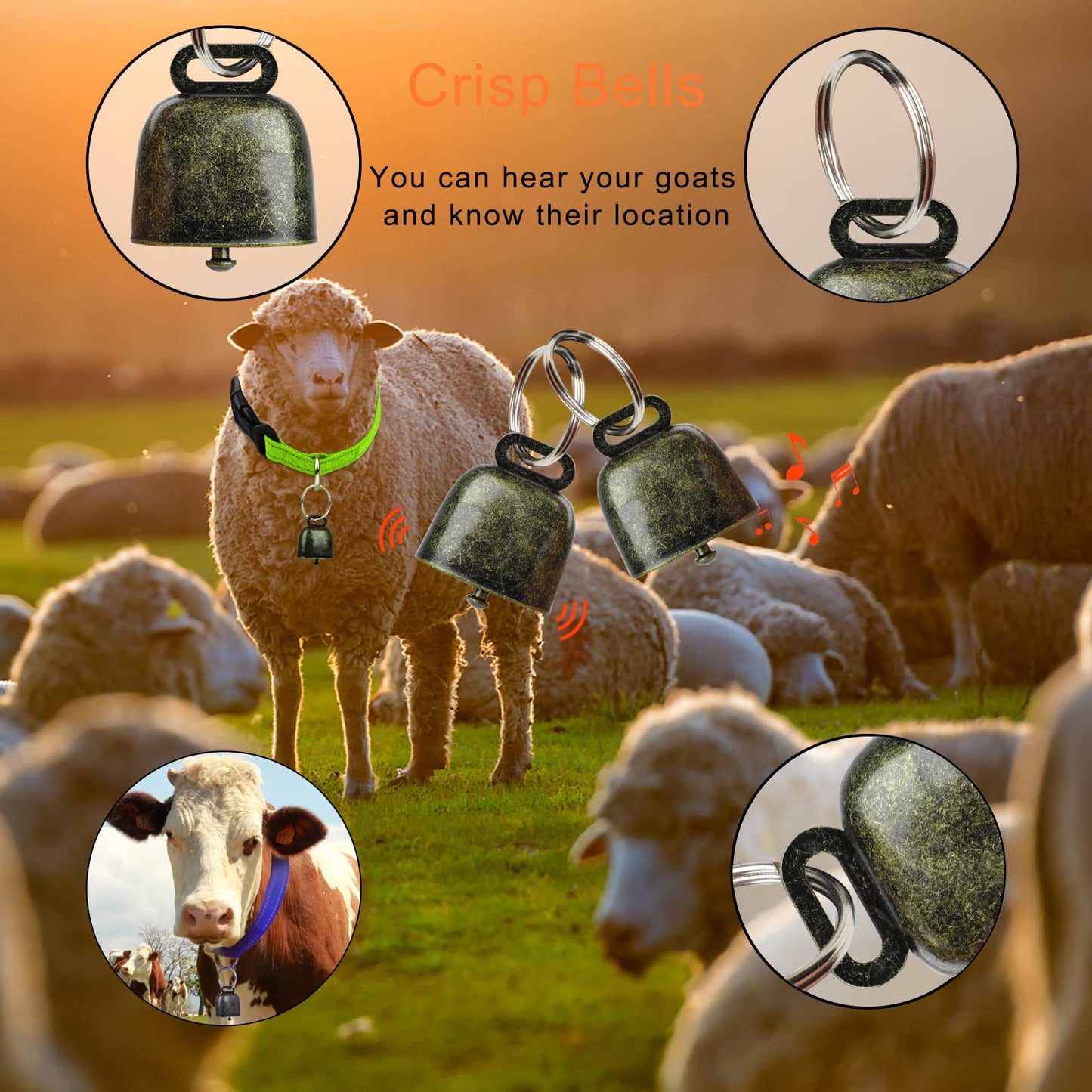 10 Pack Reflective Goat Collar with Crisp Bells,Adjustable Nylon Sheep Collar with Anti-Lost Grazing Copper Bell Quick-Release Buckle for Farm Livestock Goat Sheep Cow