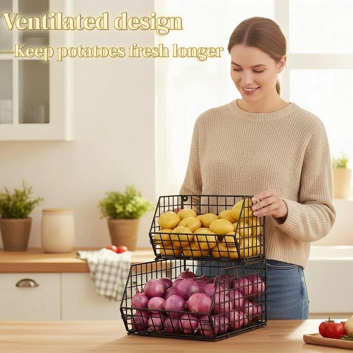 2-Tier Stackable Fruit Basket for Counter, Potato and Onion Storage Bin - Vegetable Basket for Kitchen, Wire Basket for Pantry Organizers- Metal Baskets for Snack Produce Can