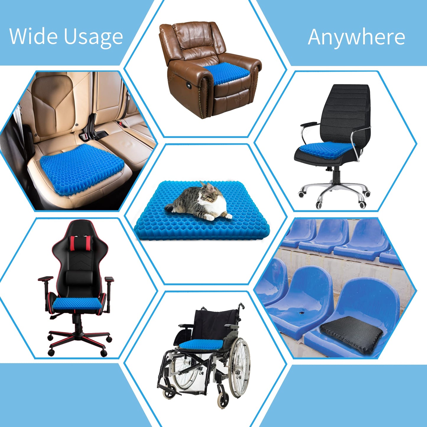 Seat Cushion, 20" Large Gel Seat Cushion for Long Sitting Pressure Relief– Back Sciatica Tailbone Pain Relief Pad, Car Seat Cushion Pad, Wheelchair Office Desk Chair Driver Seat Cushions Cooling Pads